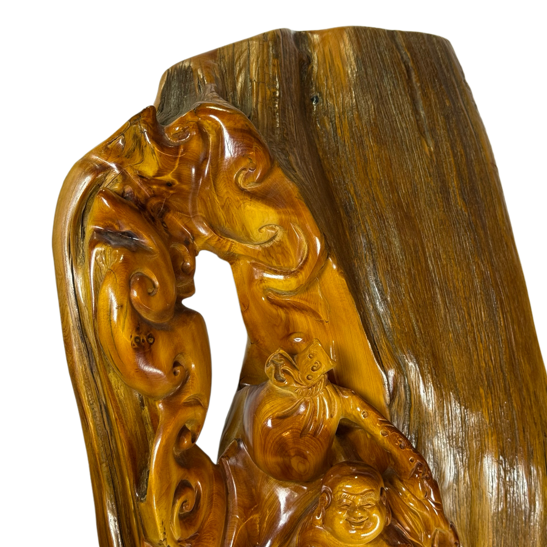 Natural Huang Hua Li Yellow Rosewood Milo Buddha with Money Bag and Ruyi Display with Wooden Stand 14,727.7g 410.0 by 280.0 by 750.0mm - Huangs Jadeite and Jewelry Pte Ltd