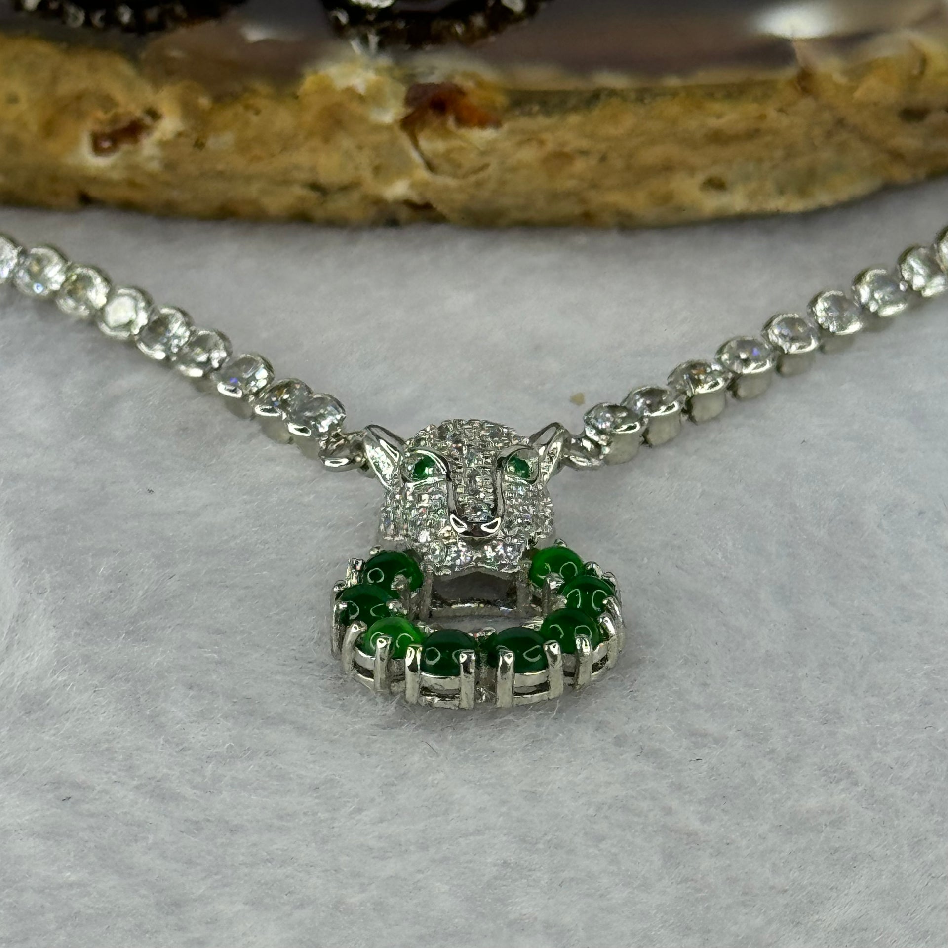 Type A Icy Green Omphasite Jadeite Panther Charm with Crystals in S925 Sliver Necklace 13.29g 2.3 by 1.5mm 8pcs - Huangs Jadeite and Jewelry Pte Ltd