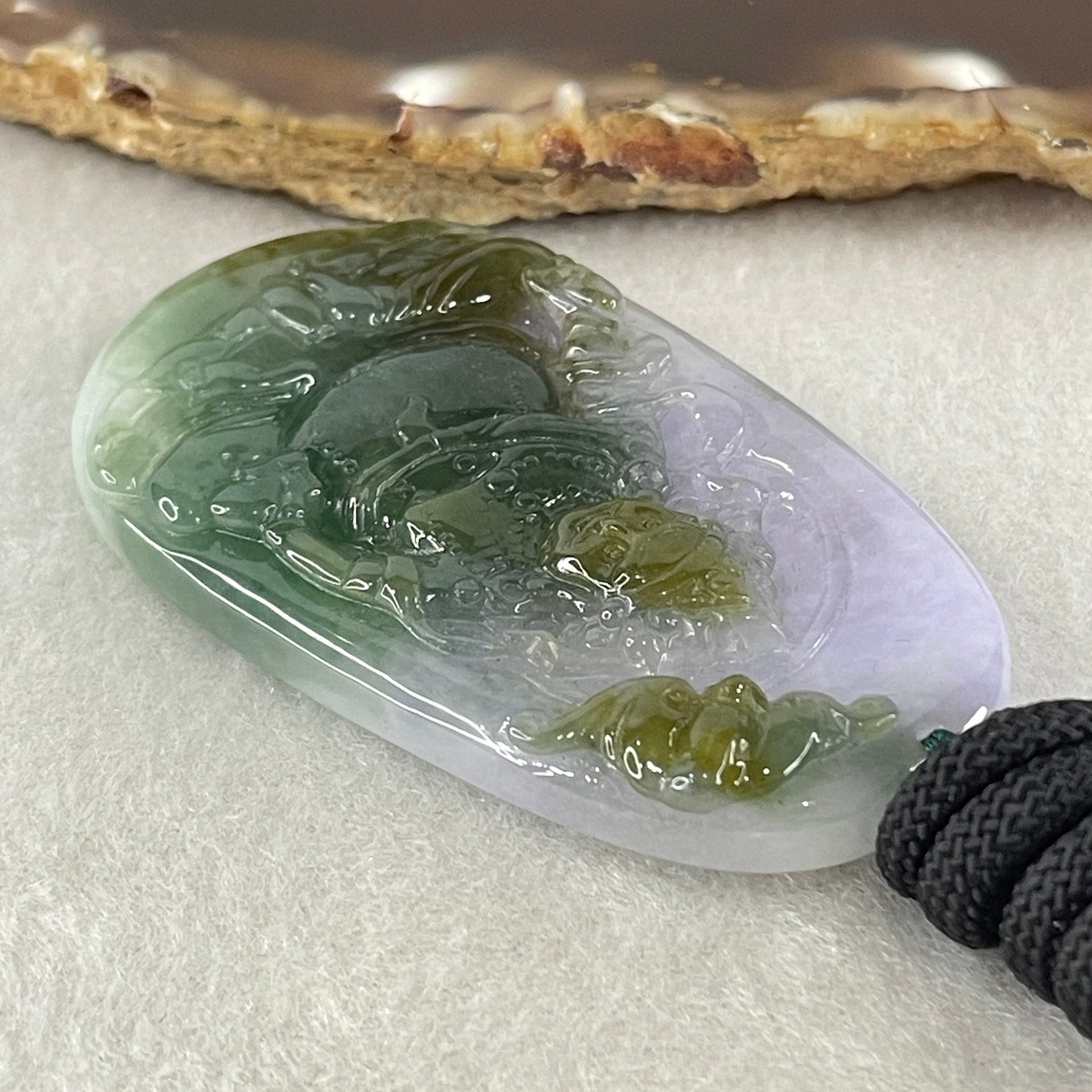 Grand Master Type A Lavender with Blueish Green and Yellowish Brown Jadeite Huang Cai Shen Chinese God of Wealth with Bat 38.89g 59.6 by 33.0 by 7.0mm - Huangs Jadeite and Jewelry Pte Ltd