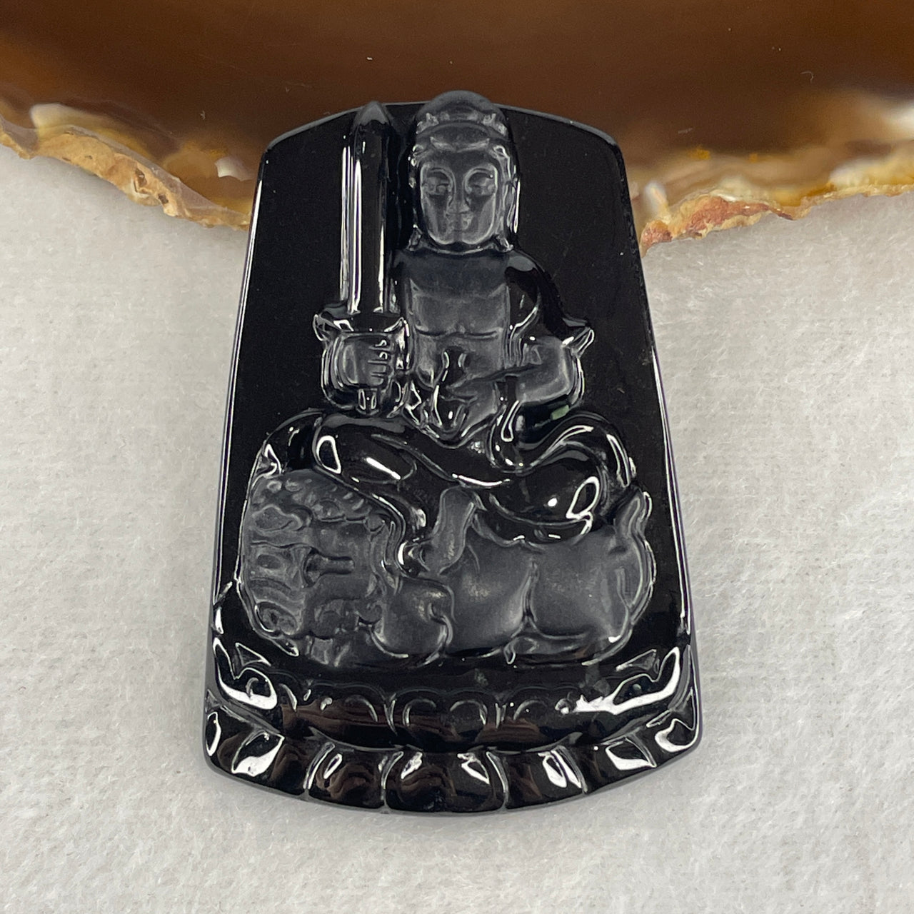 Wisdom, Protection Amulet - Certified Natural Type A Black Omphacite Jadeite Manjusri Bodhisattva on Lion Pendant 25.01g 57.3 by 39.0 by 7.4mm
