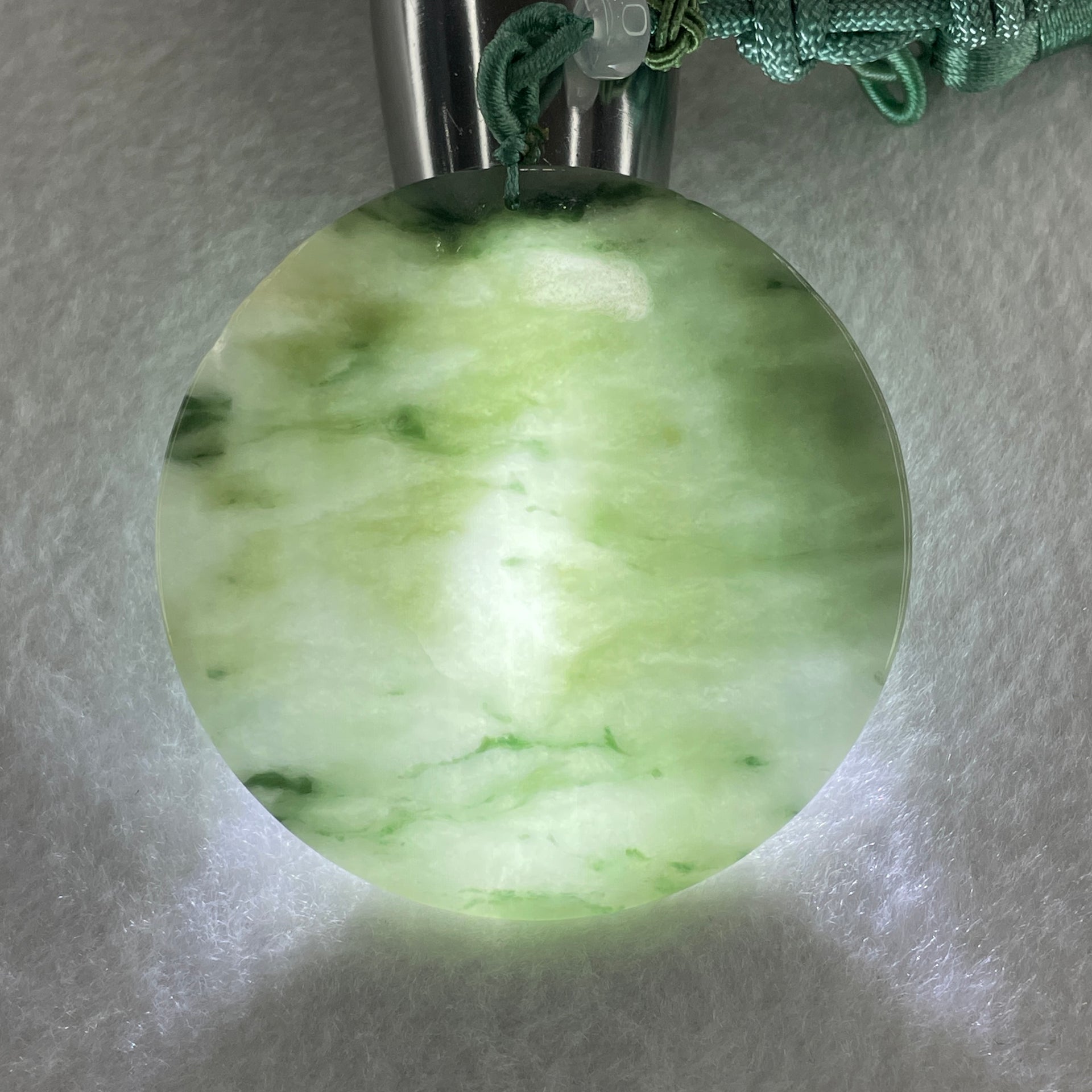 Natural Type A Green with Brownish and Dark Green Piao Hua Jadeite Round Wu Shi Pai Pendant 30.48g 57.9 by 2.9mm - Huangs Jadeite and Jewelry Pte Ltd