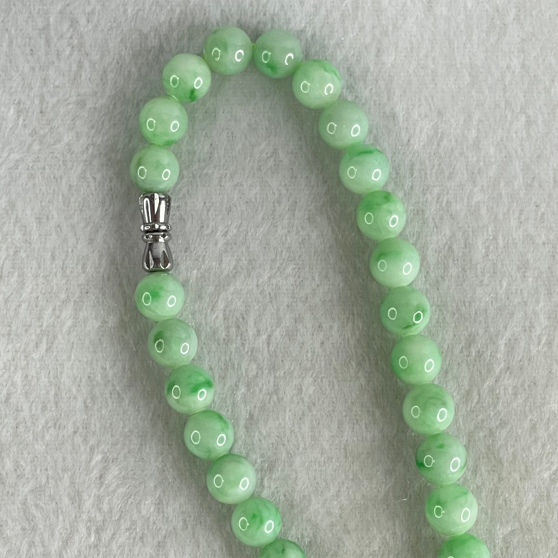 Good Grade Type A Apple Green with Emerald Green Piao Hua Jadeite Beads Necklace 55.48g 54cm 7.1 to 8.2mm 73 Beads - Huangs Jadeite and Jewelry Pte Ltd