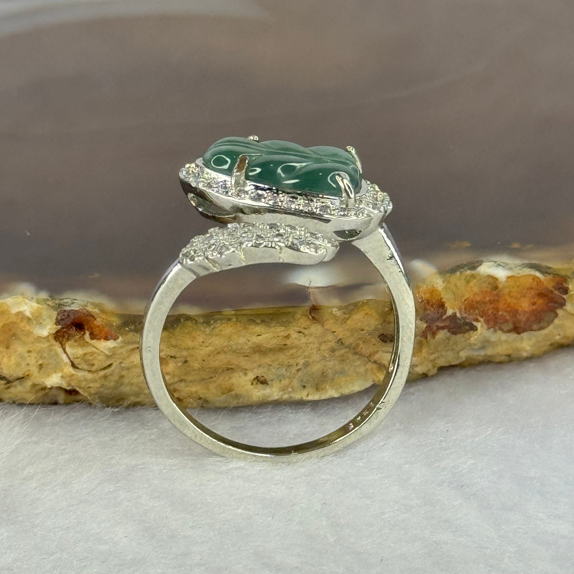 Type A Icy Blueish Jadeite Leaf with Crystals in S925 Sliver Ring (Adjustable Size) 2.60g 12.3 by 7.4 by 2.0mm - Huangs Jadeite and Jewelry Pte Ltd