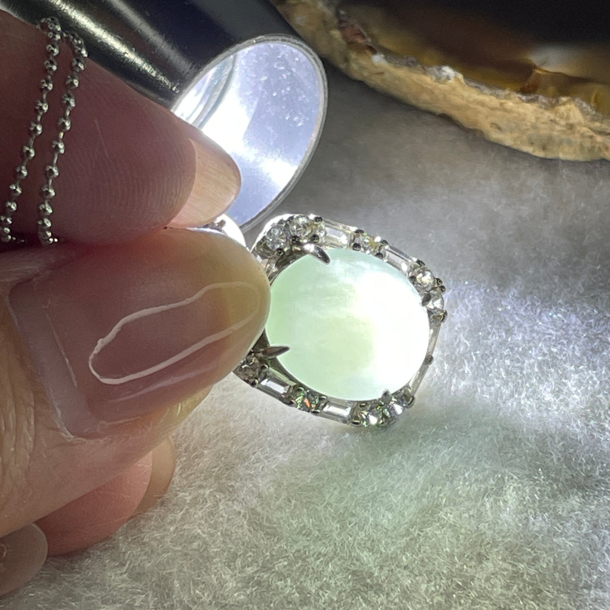 Natural Type A Semi Icy Light Green Jadeite Cabochon Necklace in S925 Silver | (5.80g | 44cm S925 | 13.8 x 11.0 x 5.5mm | Elegance & Abundance Anchor, Feng Shui Prosperity & Executive Charm Necklace) - Huangs Jadeite and Jewelry Pte Ltd