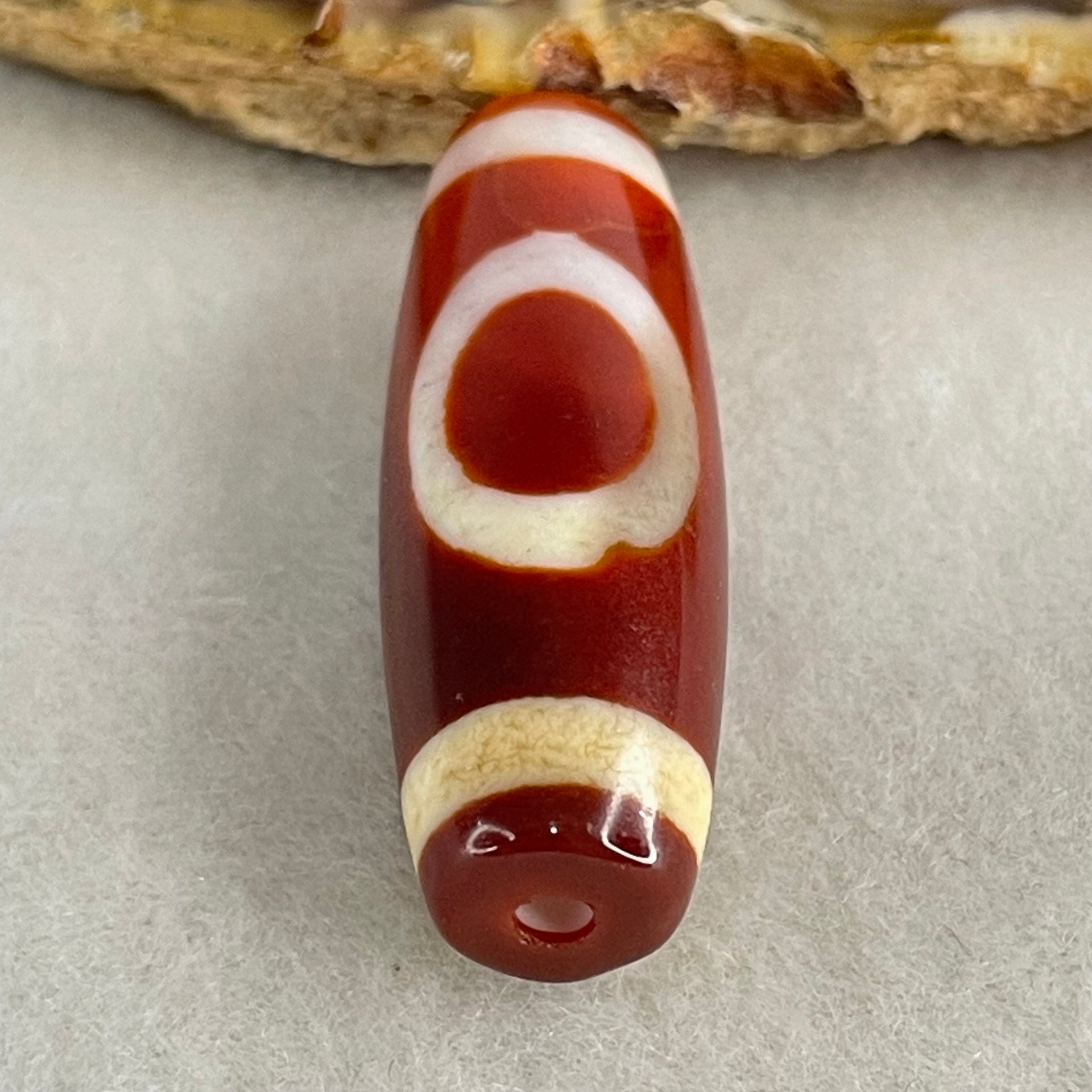 Natural Powerful Tibetan Old Oily Red White Agate One Eye Wood Element Dzi Bead Heavenly Master (Tian Zhu) 一眼木元素天珠 9.30g 37.1 by 12.7mm - Huangs Jadeite and Jewelry Pte Ltd