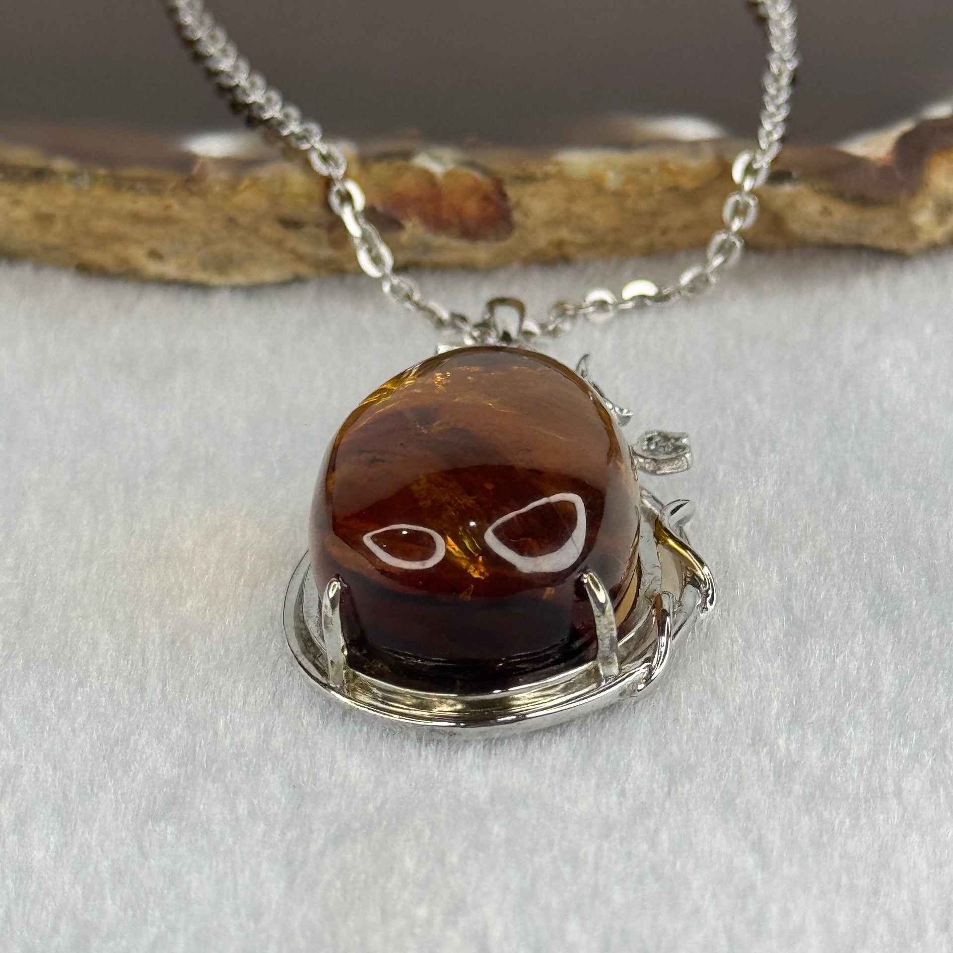 Natural Amber with Cubic Zirconia in S925 Sliver Necklace 15.05g 30.8 by 19.4 by 15.1mm - Huangs Jadeite and Jewelry Pte Ltd