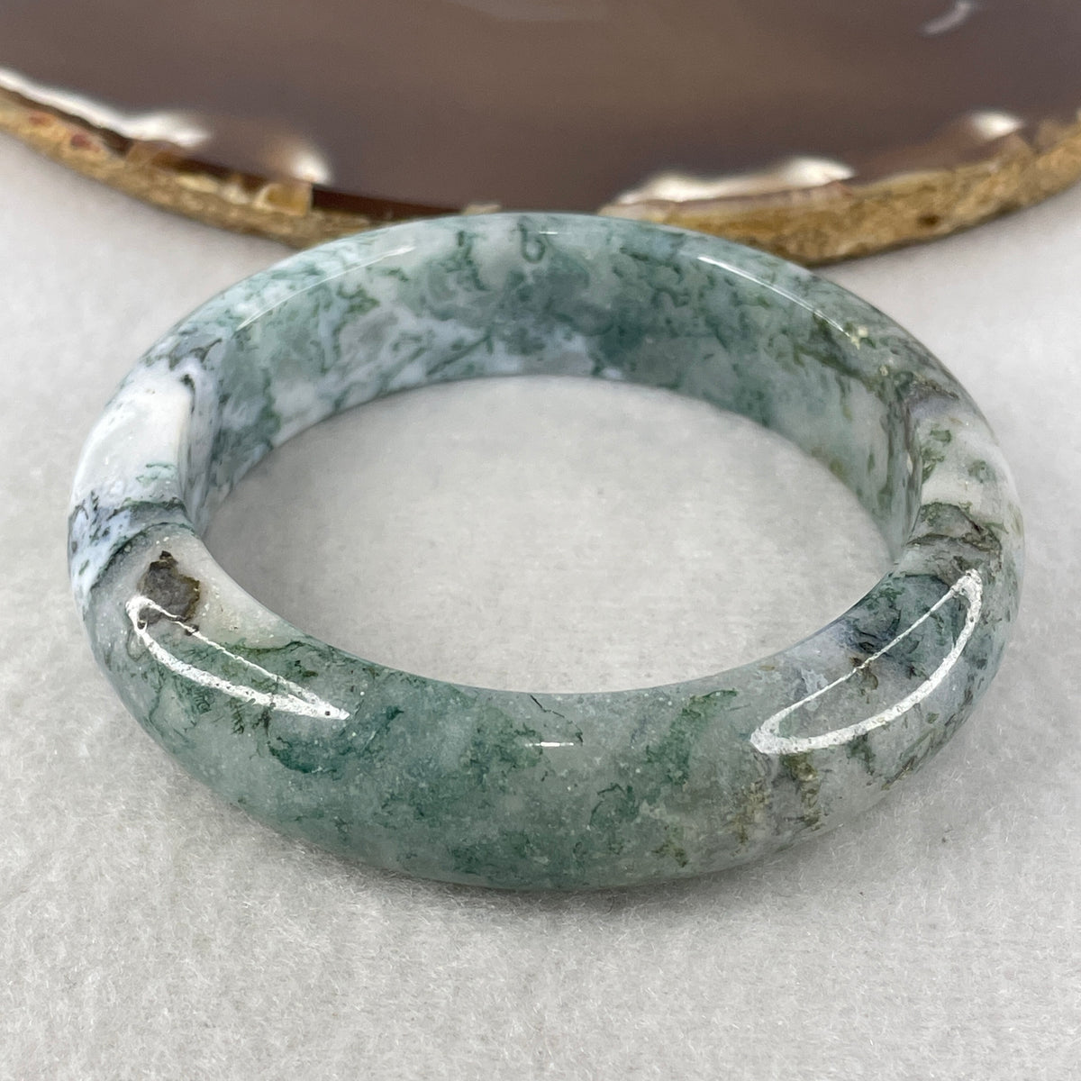 Natural Green & White Tree Agate Bangle | (52.94g | 55.1mm Inner Diameter | 14.9x9.8mm | Close to Perfect | Synergy, Earth Grounding, Vitality & Abundance Shield)