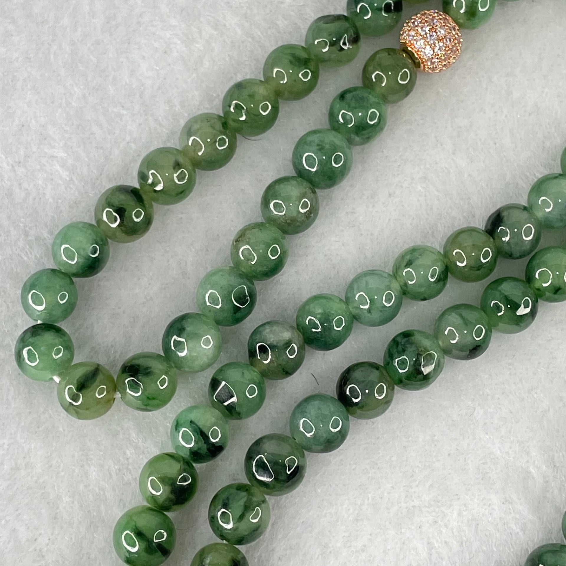 Type A Green with Dark Green Piao Hua Jadeite Beads Necklace 70.43g 76cm 7.5mm 108 Beads - Huangs Jadeite and Jewelry Pte Ltd