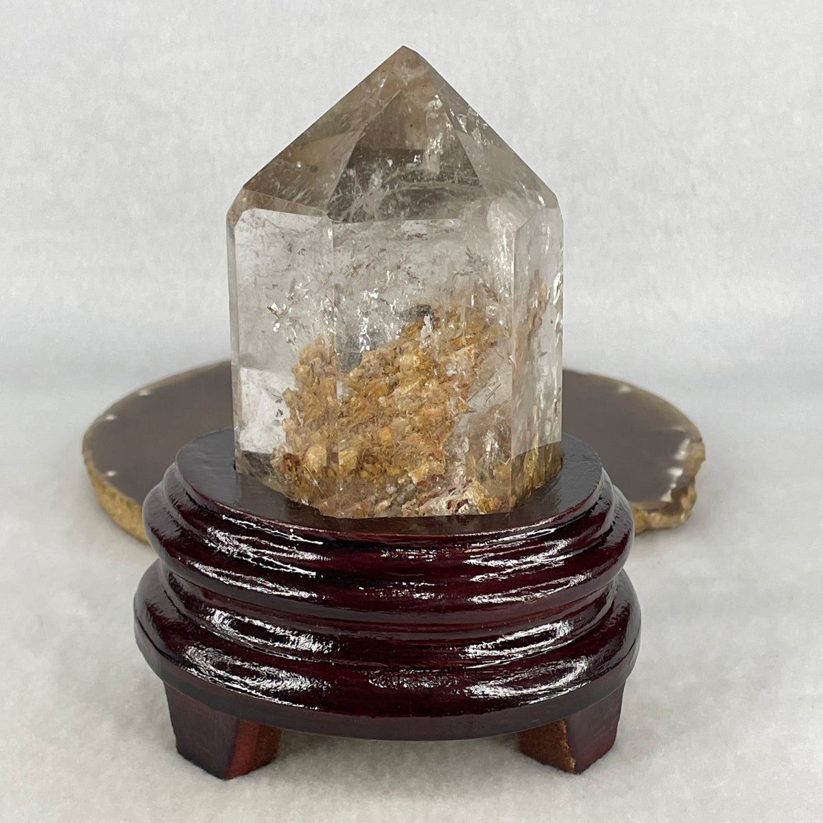 High Grade Natural Yellow Phantom Quartz Tower Display with Custom Wooden Stand | (501.8g | 100.0x88.0x120.0mm | Synergy, Career Advancement Shield, Golden Abundance Magnet & Life Growth Obelisk)