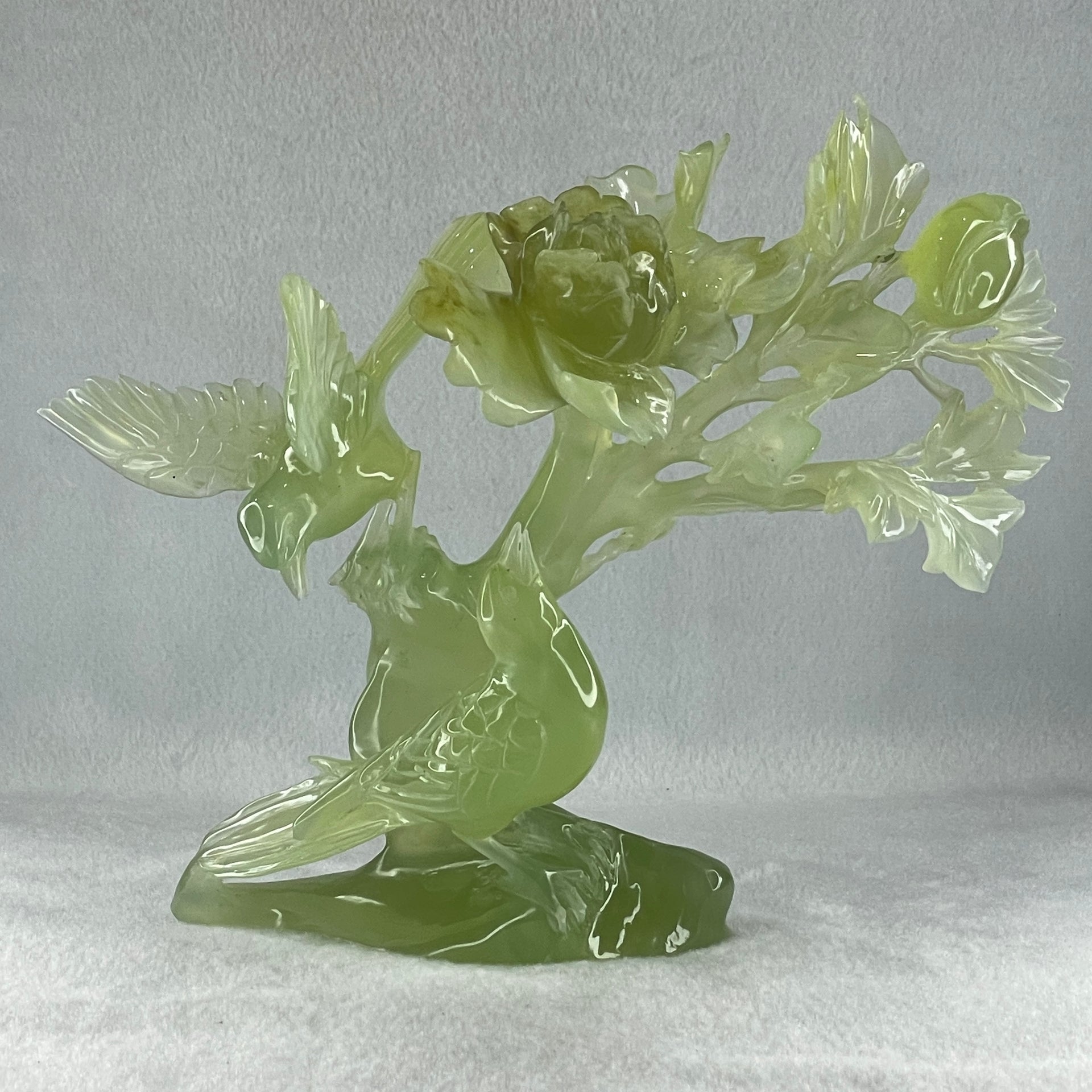 Natural Semi Icy Green Serpentine Double Magpie Birds on Flower Tree with Wooden Stand Display 641.5g 210.0 by 220.0 by 112.0mm - Huangs Jadeite and Jewelry Pte Ltd