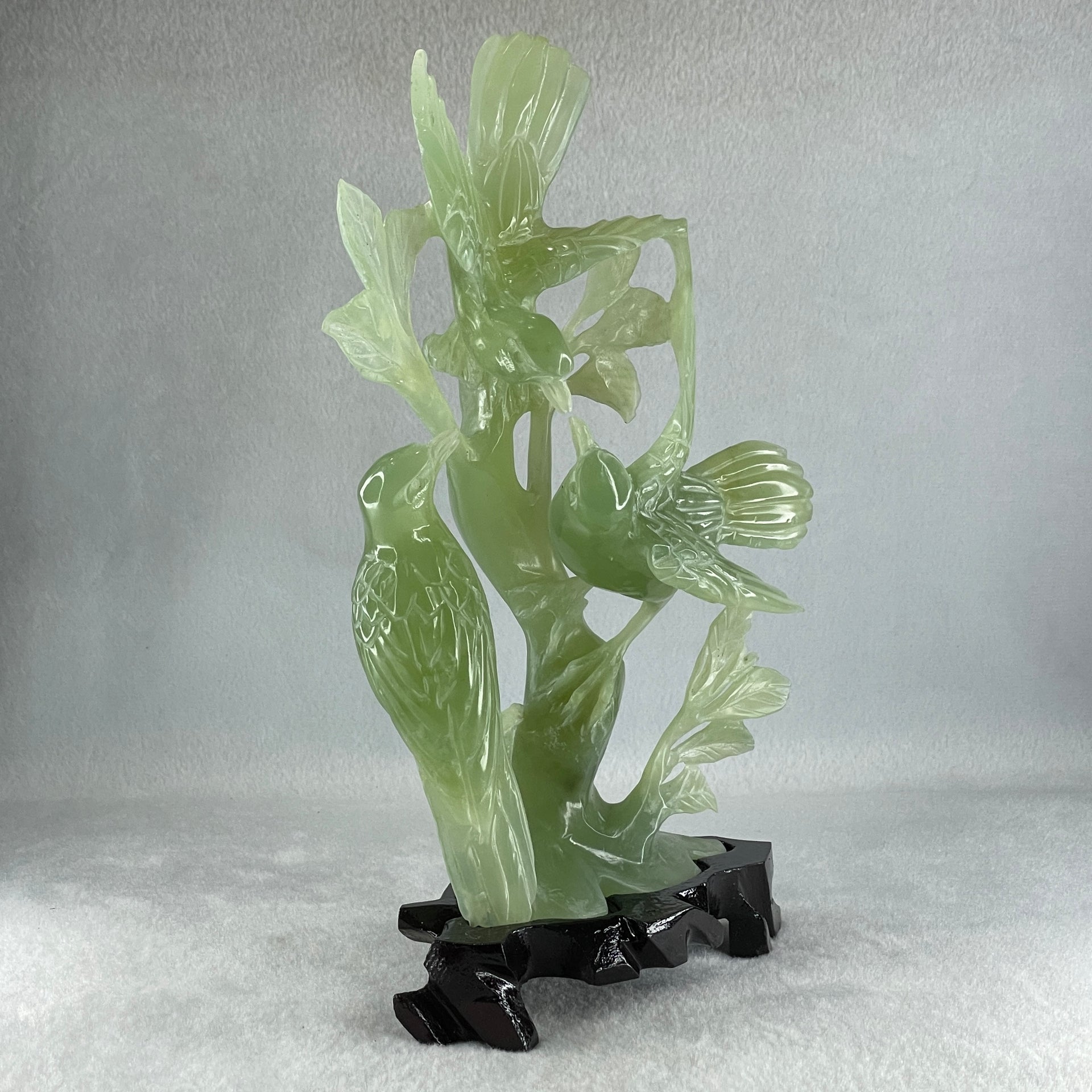 Natural Green Serpentine 3 Magpie Birds on Tree with Wooden Stand Display 569.6g 141.0 by 242.0 by 78.0mm - Huangs Jadeite and Jewelry Pte Ltd