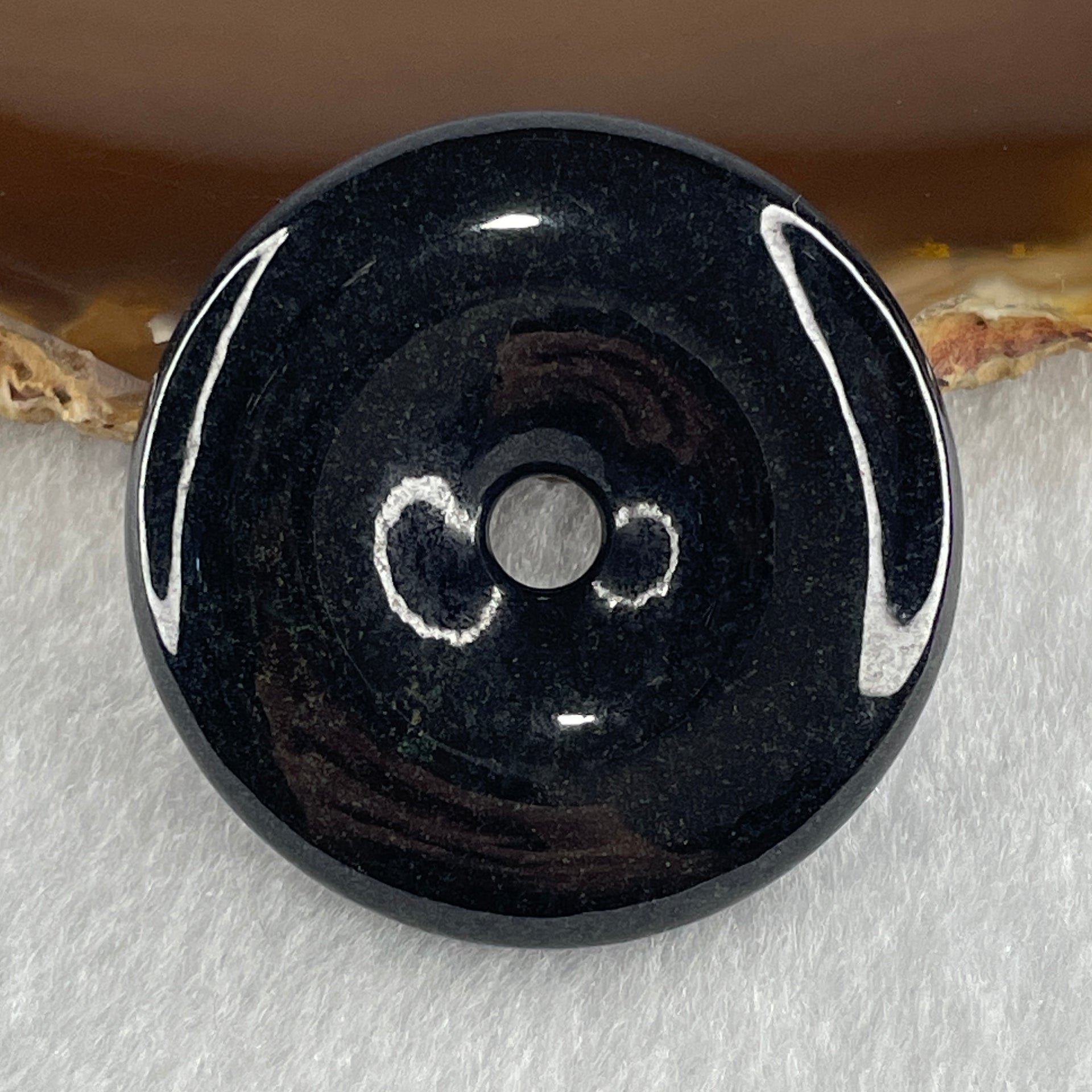 Type A Opaque Black Omphacite Jadeite Ping An Kou Donut Pendant 28.29g 40.1 by 8.5mm - Huangs Jadeite and Jewelry Pte Ltd