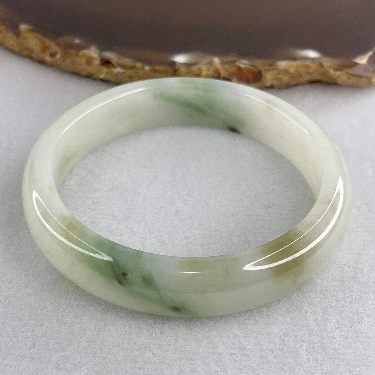 Natural Type A Jelly Multicolor Jadeite Bangle | 53.9mm Luminous White with Blueish-Green & Brown "Piao Hua" Flora | "Perfect" Grade Premium Translucent "Fei Cui" Round Wrist Heirloom (47.13g 12.4x7.6mm)