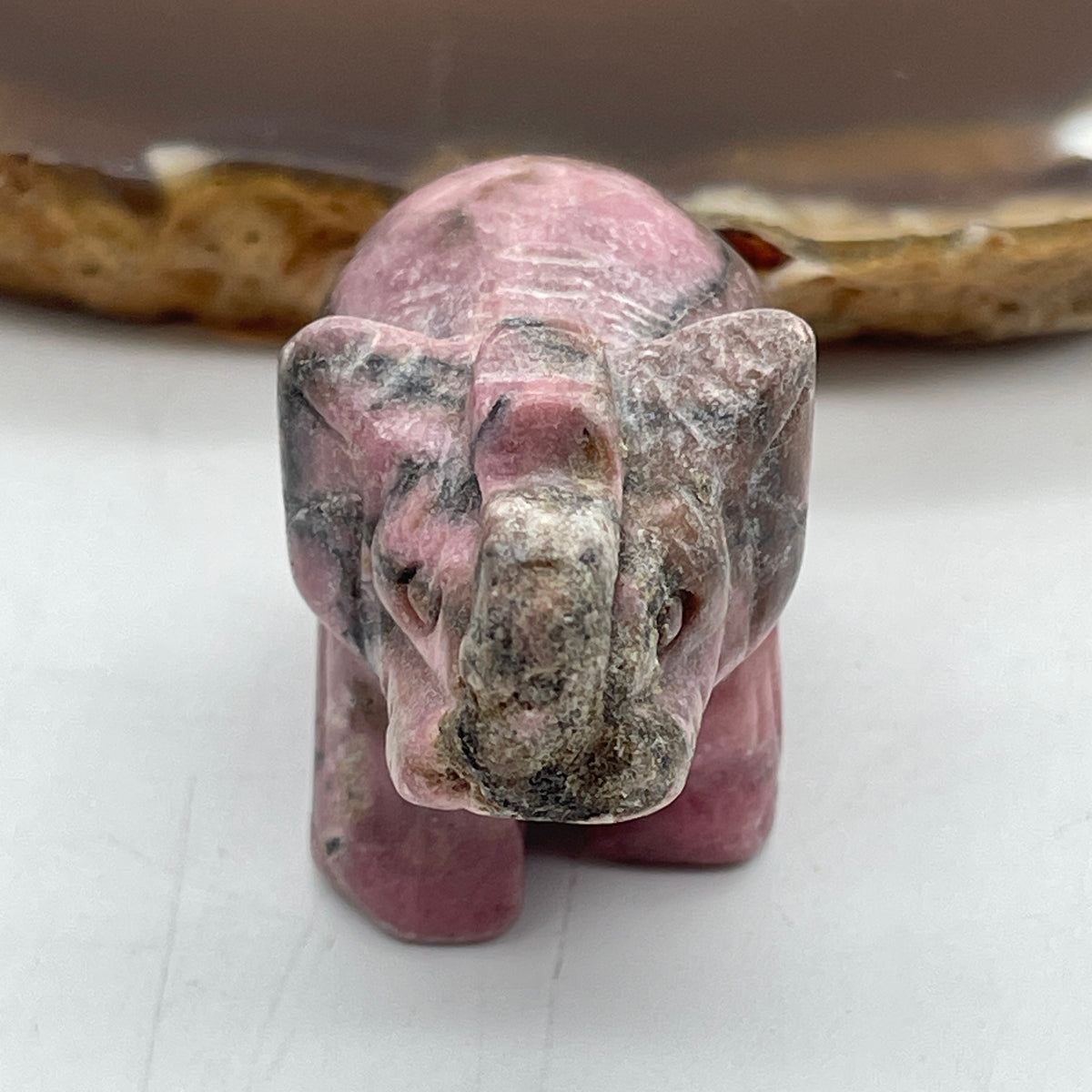 Natural Pink Rhodonite Elephant Mini Display | (34.42g | 35.2 x 20.5 x 27.3mm Dimensions | Heart & Root Chakra Synergy, "Zhao Tao Hua" Love Magnet, Emotional Healing & Mindful Feng Shui Catalyst)