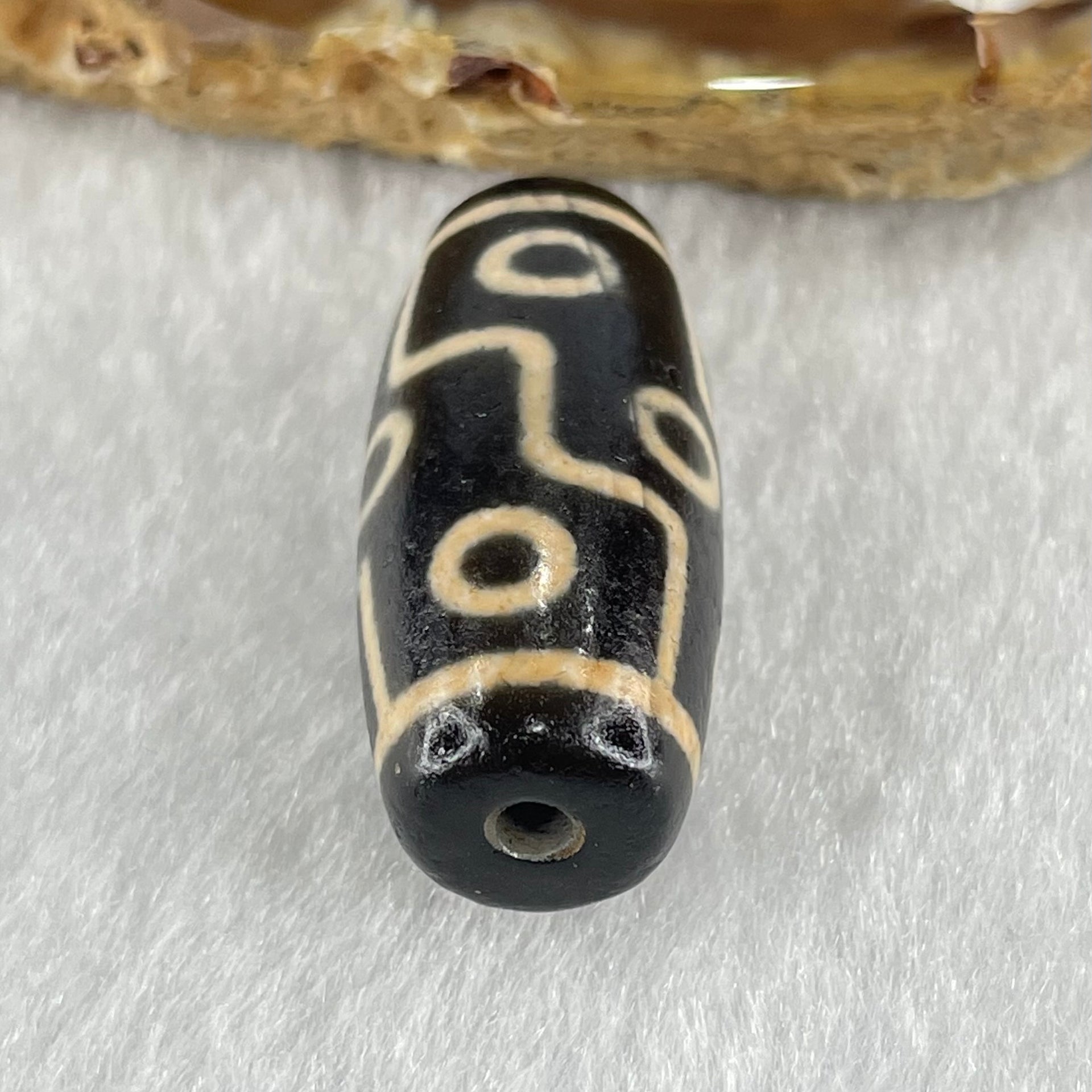 Natural Powerful Tibetan Old Oily Dark Brown with Yellowish White Agate 9 Eyes Dzi Bead Heavenly Master (Tian Zhu) 九眼天诛 7.02g 28.1 by 12.6mm - Huangs Jadeite and Jewelry Pte Ltd