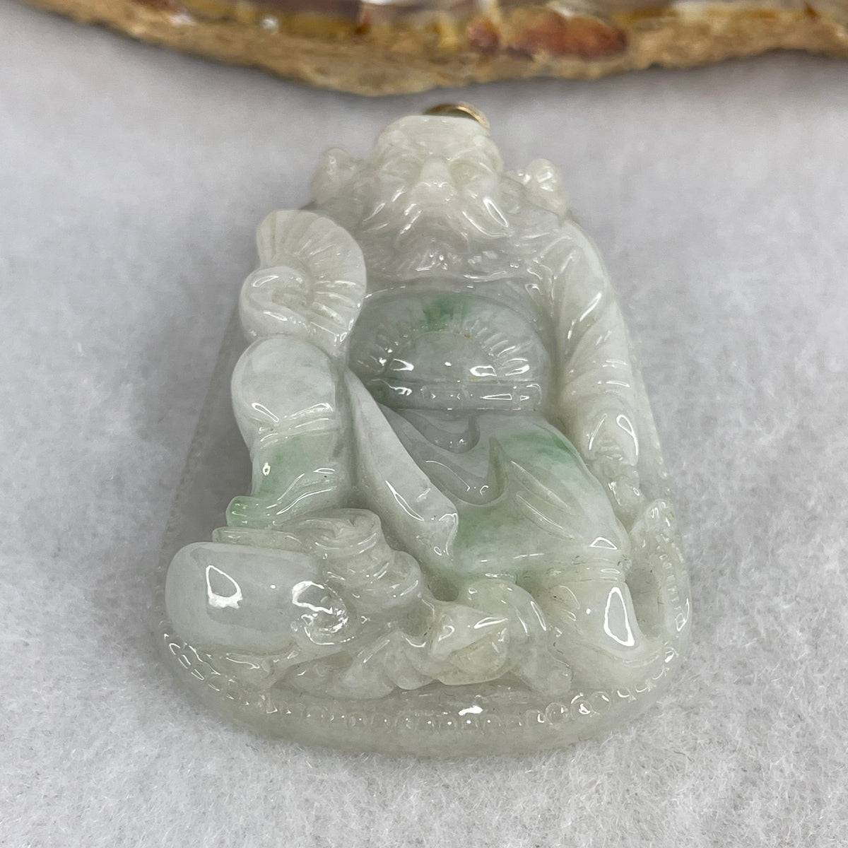 (Pre-Love) Lotus on Water by Yun Long Zi | Certified Type A Light Green with Green Piao Hua Jadeite Zhong Kui Stepping on Gold Pendant with 18K White Gold Clasp (48.99g | 48.0x35.0x15.6mm | Ultimate Wealth Magnet & Protective Feng Shui Talisman)
