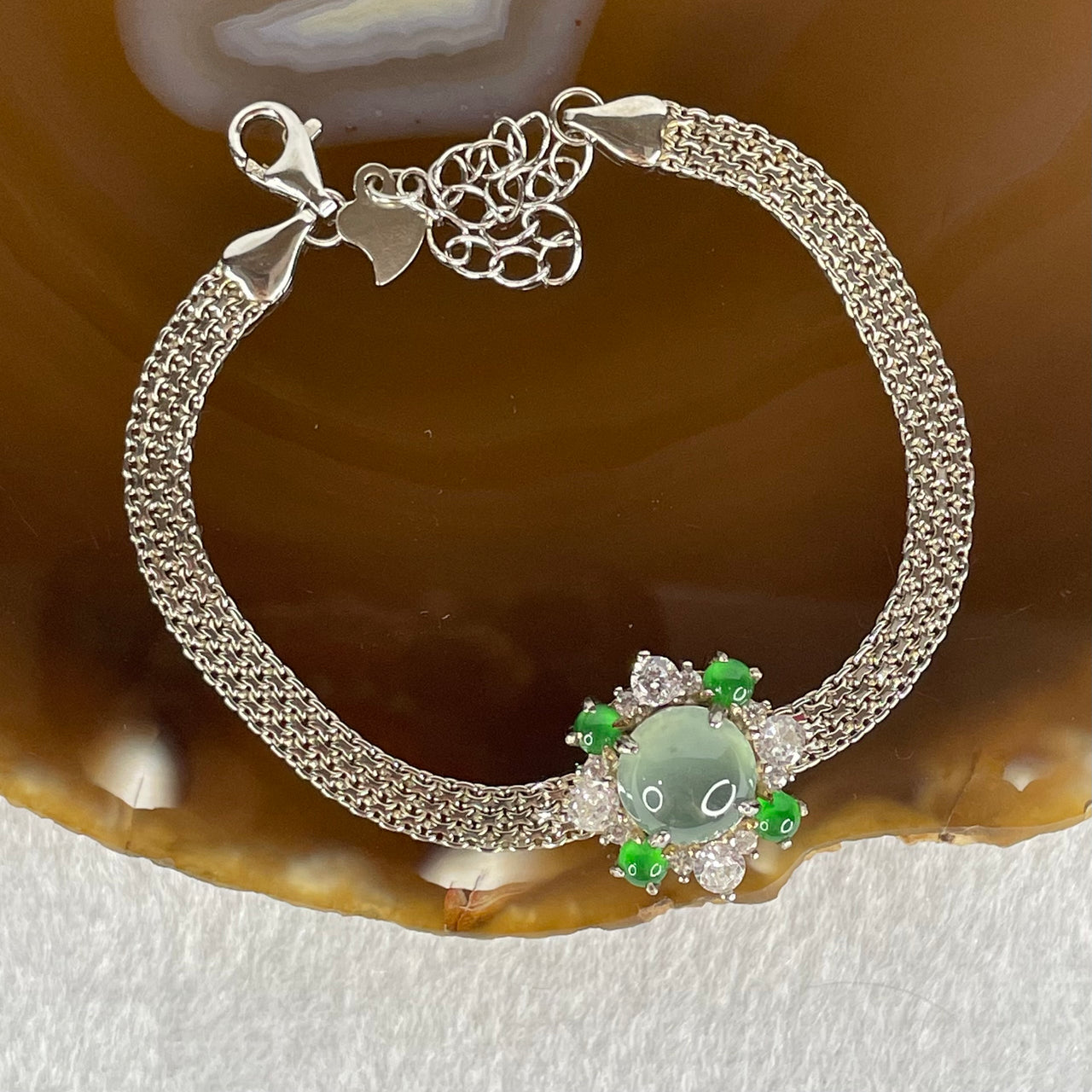 Type A Icy Blueish Green 7.9 by 3.5mm and Green Jadeite Cabochons With Crystals in S925 Sliver Bracelet 4.94g - Huangs Jadeite and Jewelry Pte Ltd