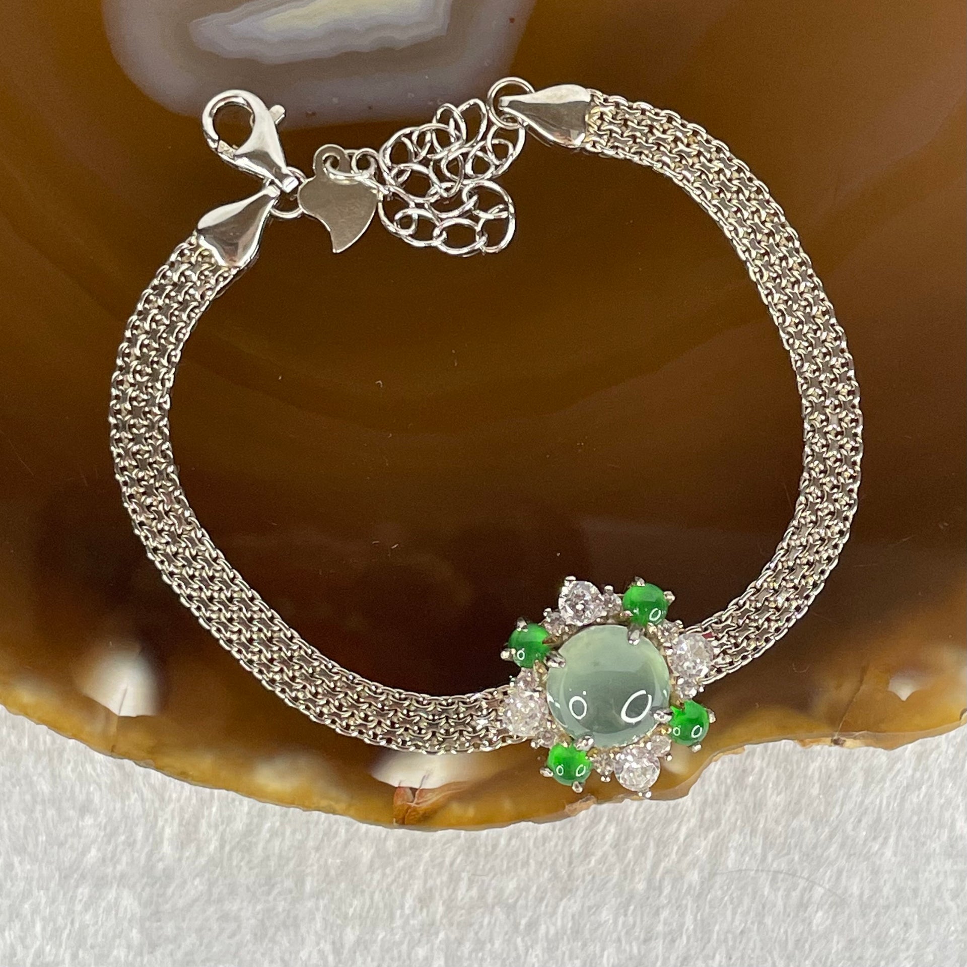Type A Icy Blueish Green 7.9 by 3.5mm and Green Jadeite Cabochons With Crystals in S925 Sliver Bracelet 4.94g - Huangs Jadeite and Jewelry Pte Ltd