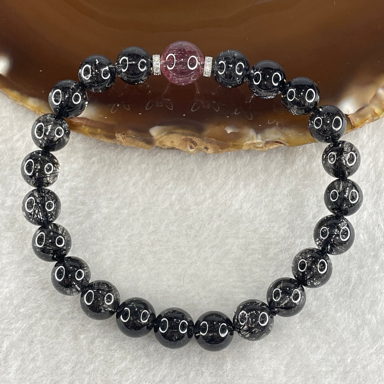 Natural Black Rutilated Quartz with Strawberry Quartz Beads Bracelet 17.79g 16cm 8.2mm 22Beads - 9.4mm 1Bead - Huangs Jadeite and Jewelry Pte Ltd