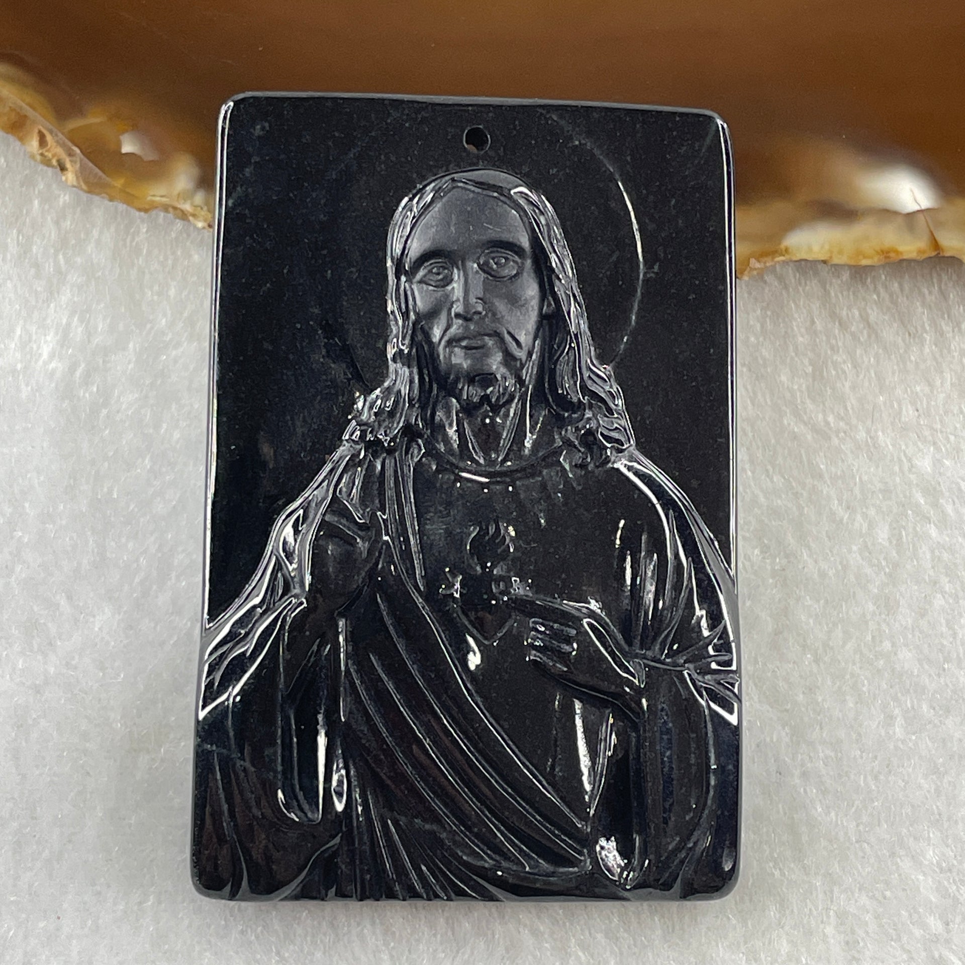 Type A Opaque Black Omphacite Jadeite Jesus Christ Pendant 40.65g 58.6 by 39.3 by 8.2mm - Huangs Jadeite and Jewelry Pte Ltd