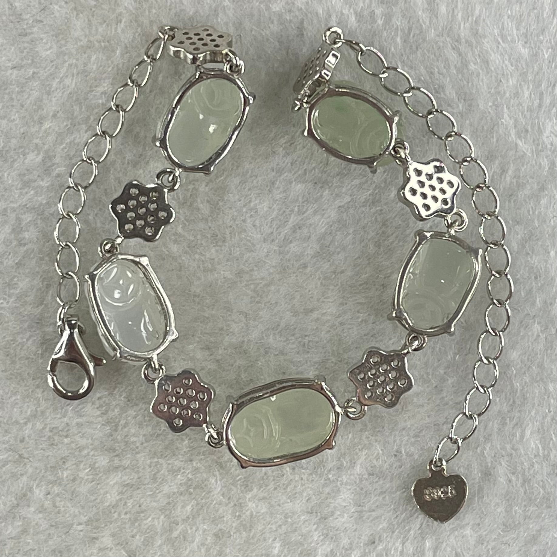 Type A Icy Faint Green and Faint Lavender to Colourless Jadeite 5 Pixiu S925 Silver Bracelet 6.61g 11.1 by 7.8 by 4.8mm - Huangs Jadeite and Jewelry Pte Ltd