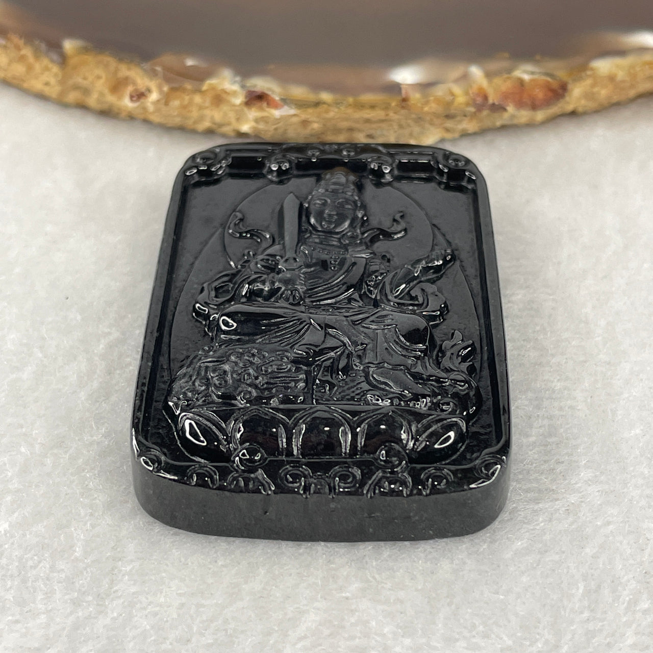 Wisdom, Protection Amulet - Certified Natural Type A Black Omphacite Jadeite Manjusri Bodhisattva Pendant 26.52g 56.1 by 37.7 by 9.0mm