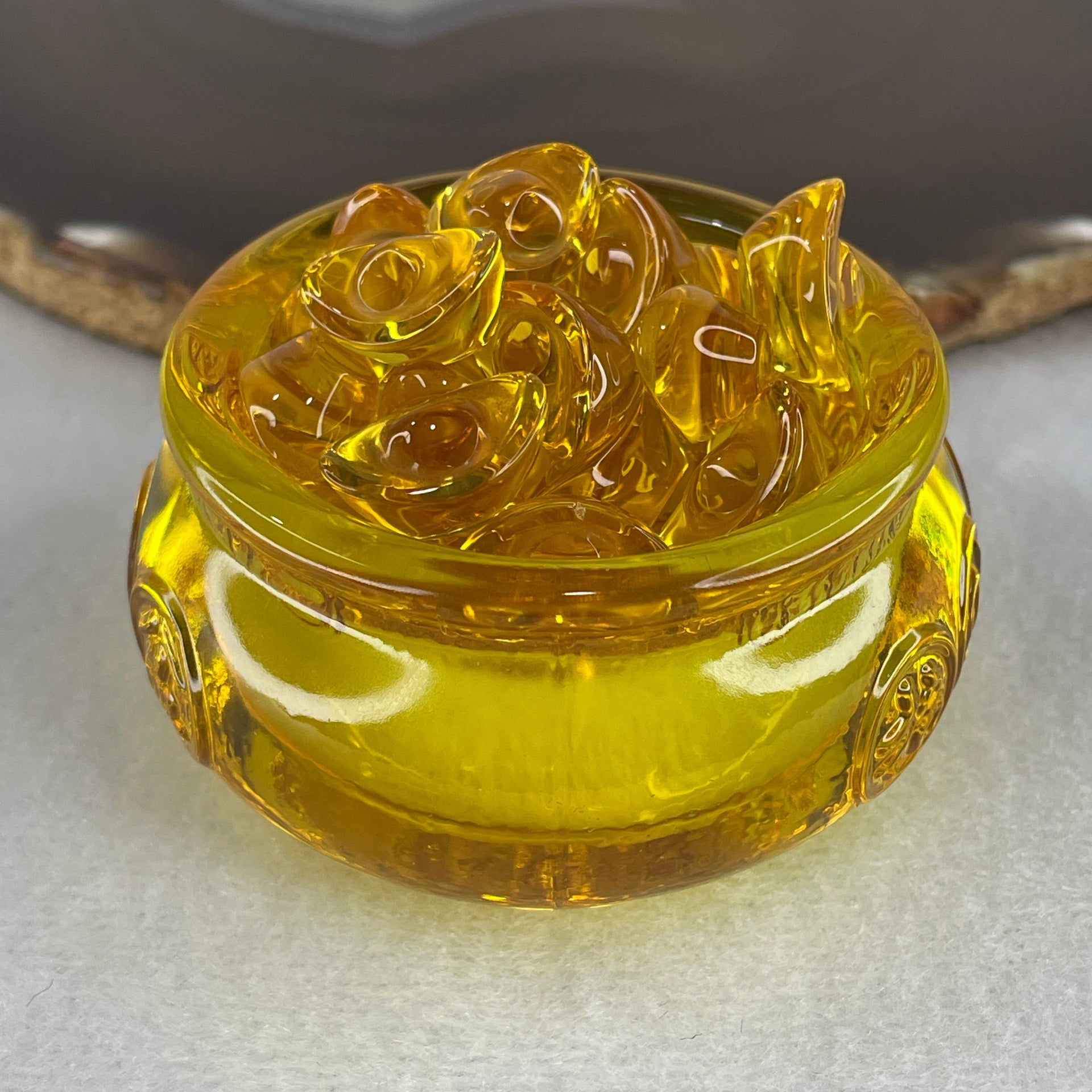 Yellow Liuli Wealth Pot with Ingot Yuan Bao Display Total Weight 152.83g 60.5 by 39.5mm - Huangs Jadeite and Jewelry Pte Ltd