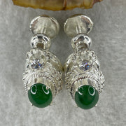 Type A Natural Full Old Mine Spicy Green Jadeite Cabochon 9.1 by 6.8 by 3.5mm Stone for Setting 20.59g (On Silver Earrings Mold) - Huangs Jadeite and Jewelry Pte Ltd