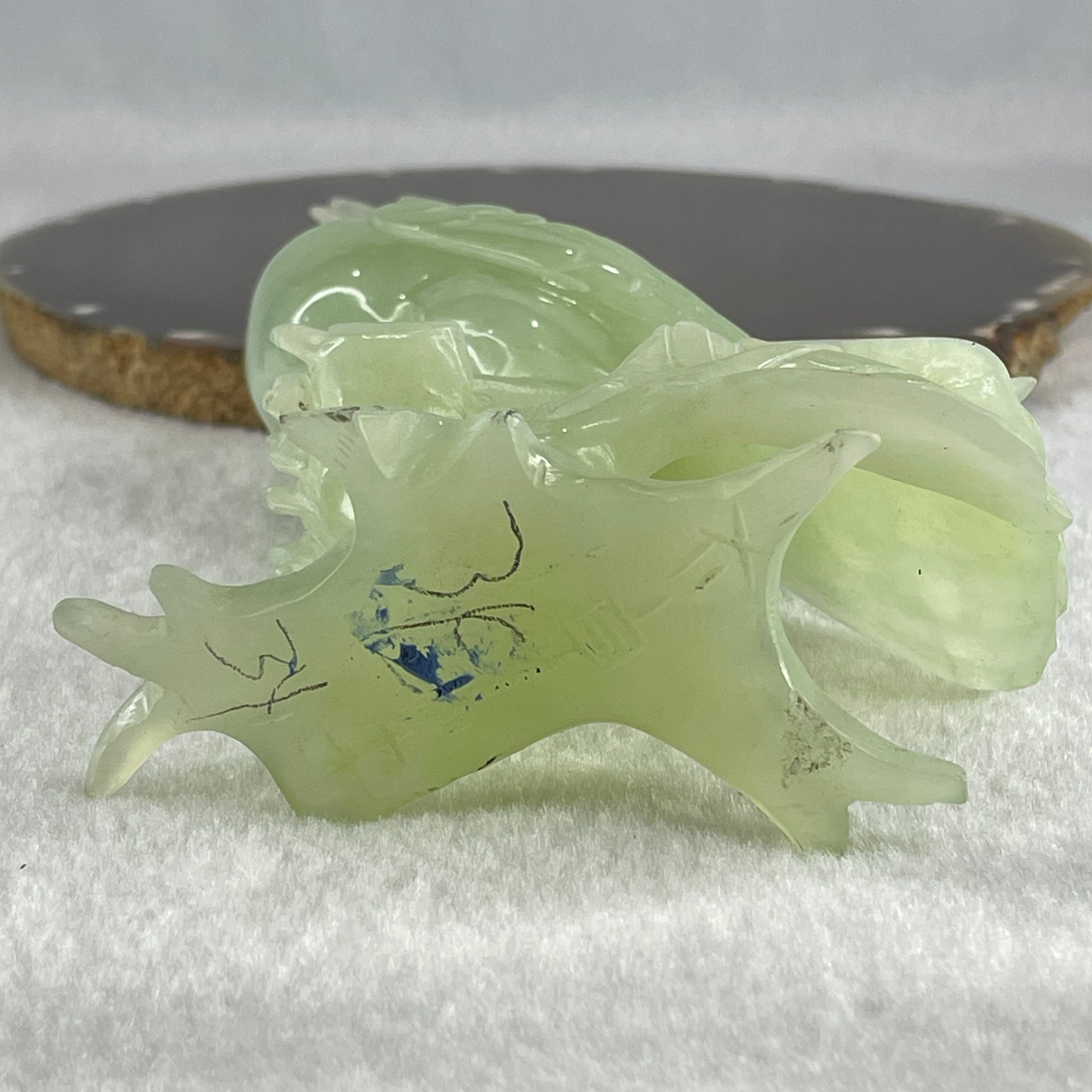 Natural Green Serpentine Bird with Wooden Stand Display 316.4g 117.3 by 76.2 by 175.0mm - Huangs Jadeite and Jewelry Pte Ltd