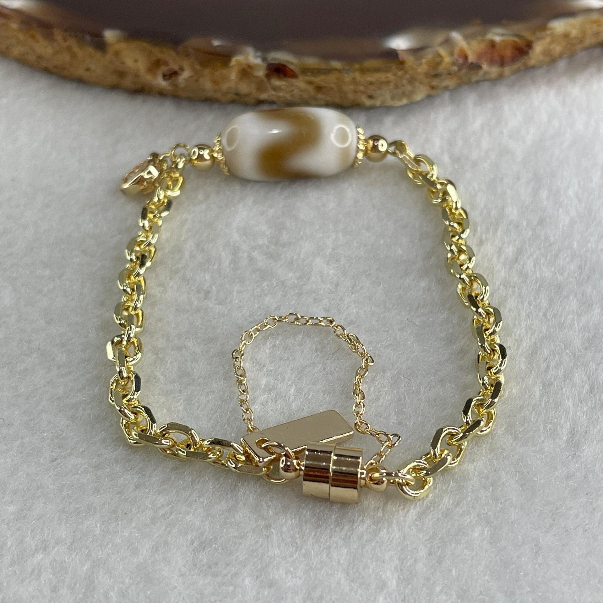 Natural Powerful Tibetan Old Oily Agate Tiger Tooth Daluo Dzi Bead with Stainless Steel Gold Color Bracelet 10.37g 16cm 19.1 by 10.1mm - Huangs Jadeite and Jewelry Pte Ltd