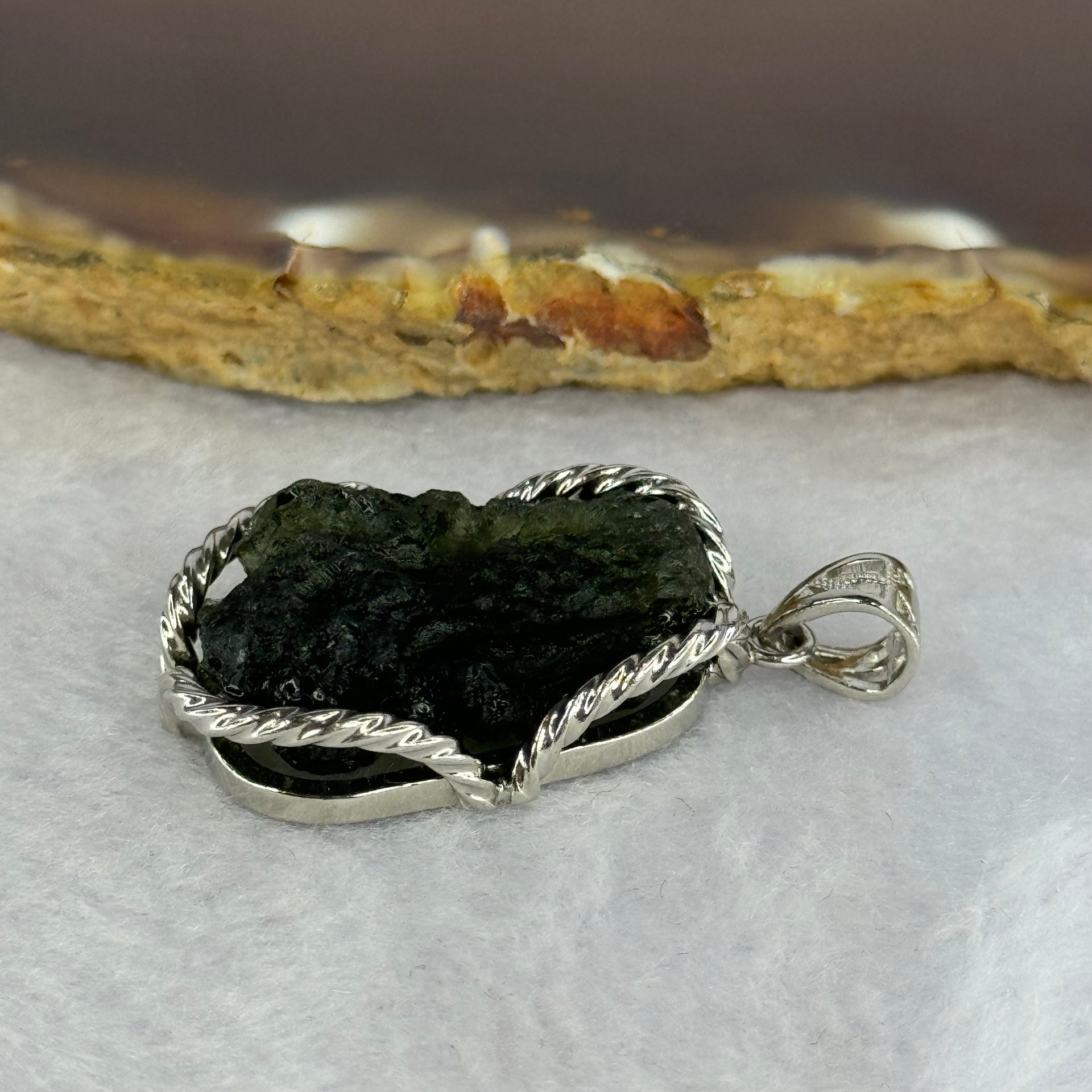 Natural Czech Republic Moldavite Meteorite Crystal in S925 Sliver Pendent 天然捷克陨石925银牌 8.60g 25.5 by 16.4 by 10.1mm - Huangs Jadeite and Jewelry Pte Ltd