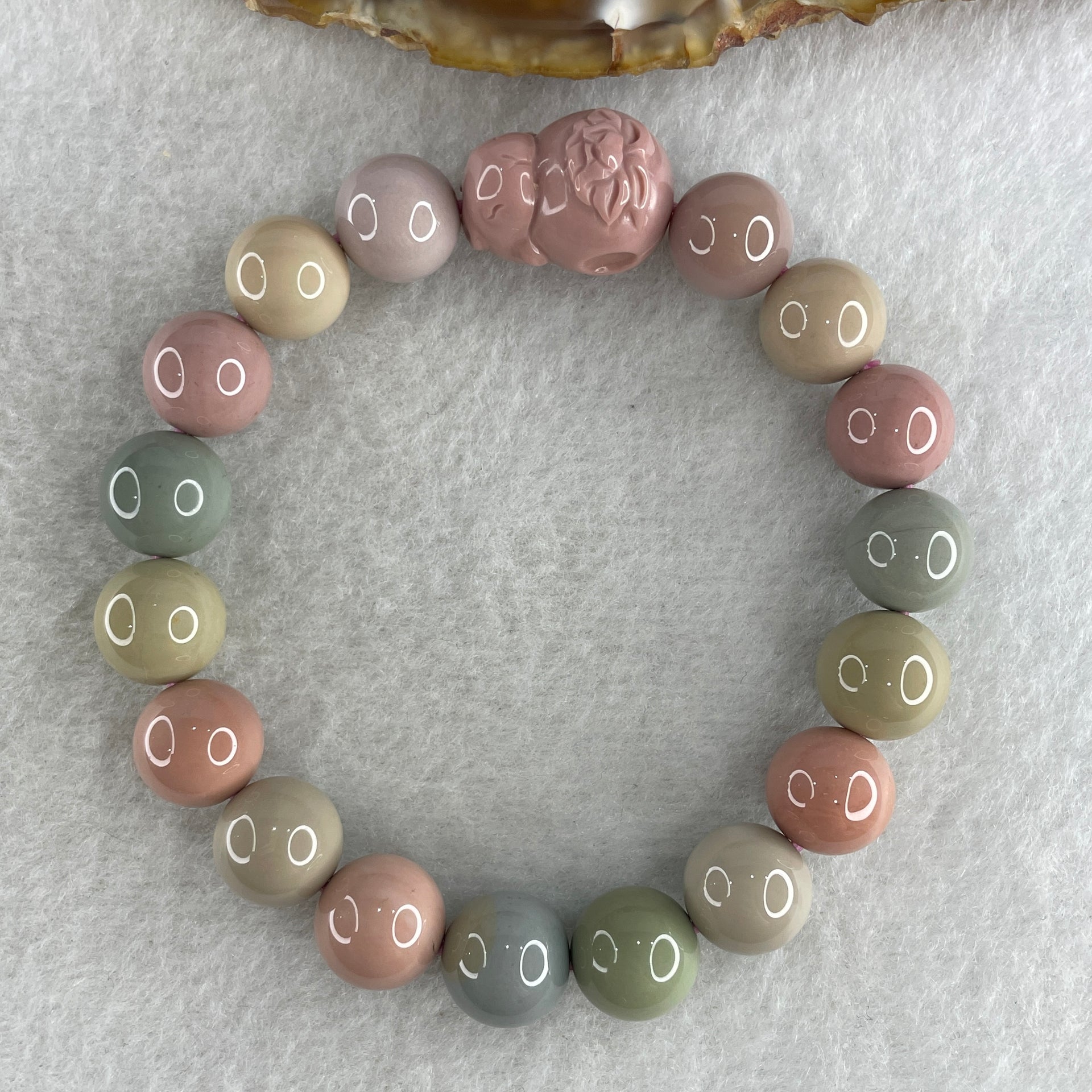 Natural Alashan Agate Pastels Pink Beads with Rabbit Charm Bracelet 32.34g 10.8mm 17Beads - Huangs Jadeite and Jewelry Pte Ltd