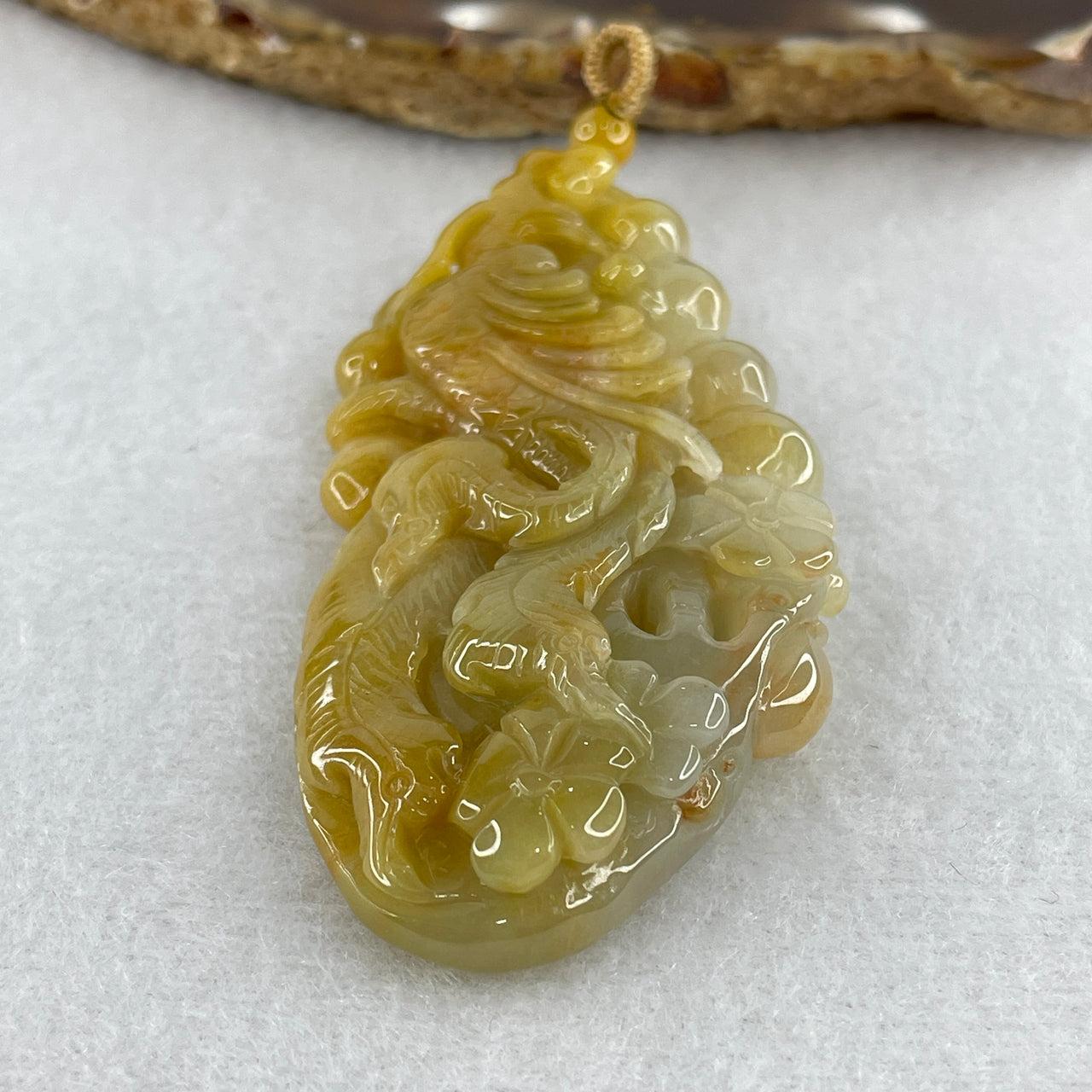 Certified Natural Type A Imperial Yellow & Faint Lavender Jadeite Phoenix with Flower Pendant | Masterpiece Three-Dimensional Carving | Saturated Myanmar Feicui Transformation & Sovereign Wealth Amulet (38.21g | 68.3x32.5x11.4mm)