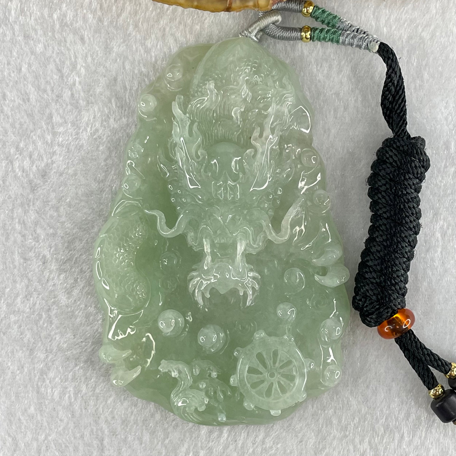 Type A Light Blueish Green (Sky Blue) Jadeite Double Sided Water Dragon Pendant 85.98g 79.4 by 51.9 by 13.7mm - Huangs Jadeite and Jewelry Pte Ltd