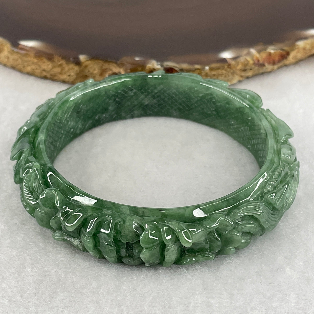 Natural Type A Jadeite Bangle | Carved Phoenix & Peony Flower Relief Blueish Green (54.37g | 54.1mm Inner Diameter | 14.3 x 9.0mm) (Internal Line)