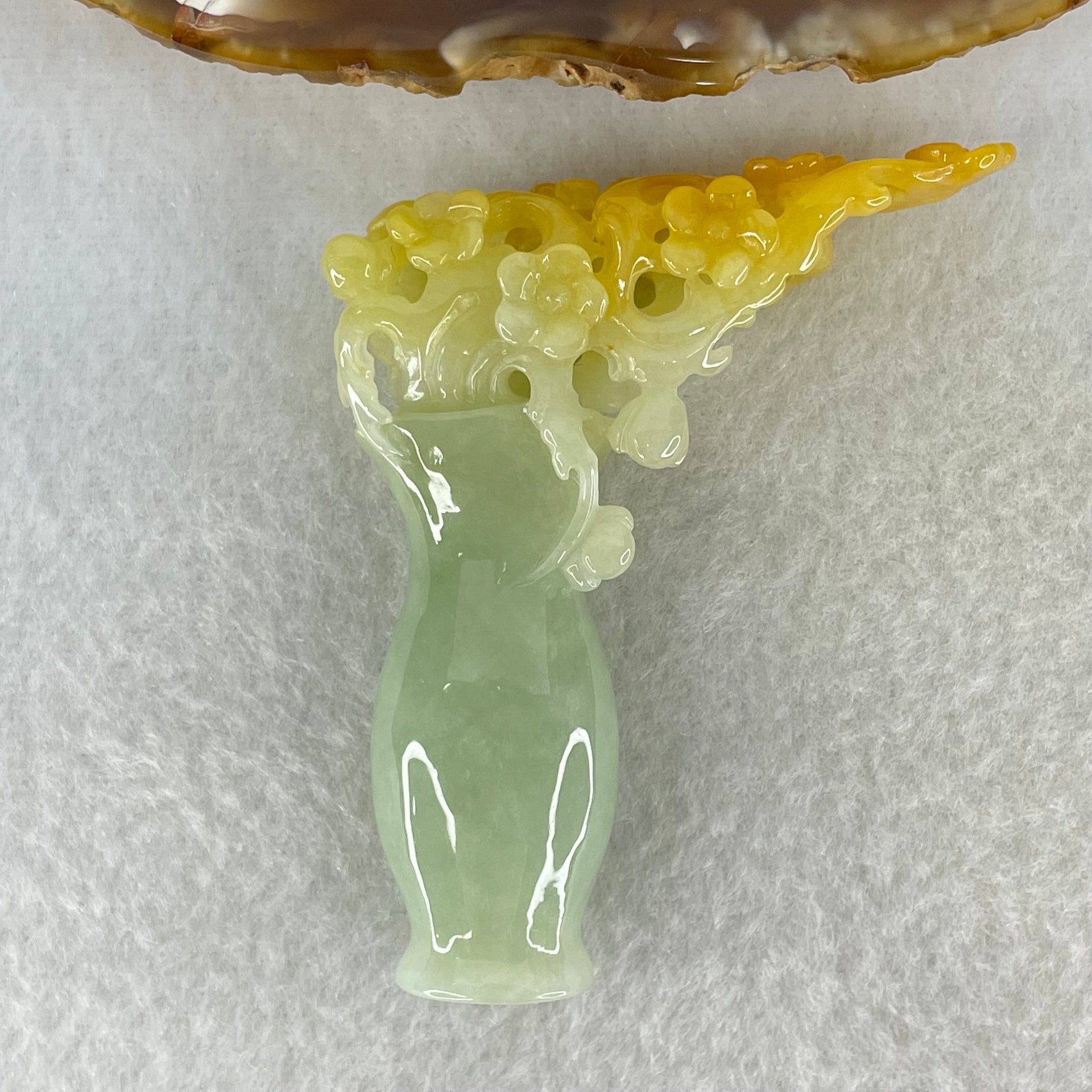 Type A Light Green with Yellow Jadeite Vase with Prosperity Flowers Pendant / Display 28.78g 59.0 by 49.7 by 14.1mm with Wooden Stand - Huangs Jadeite and Jewelry Pte Ltd