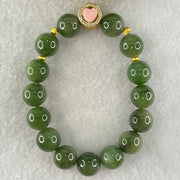 Natural Green Nephrite Beads with Gold Color Charm Bracelet 36.94g 11.4mm 15 Beads - Huangs Jadeite and Jewelry Pte Ltd