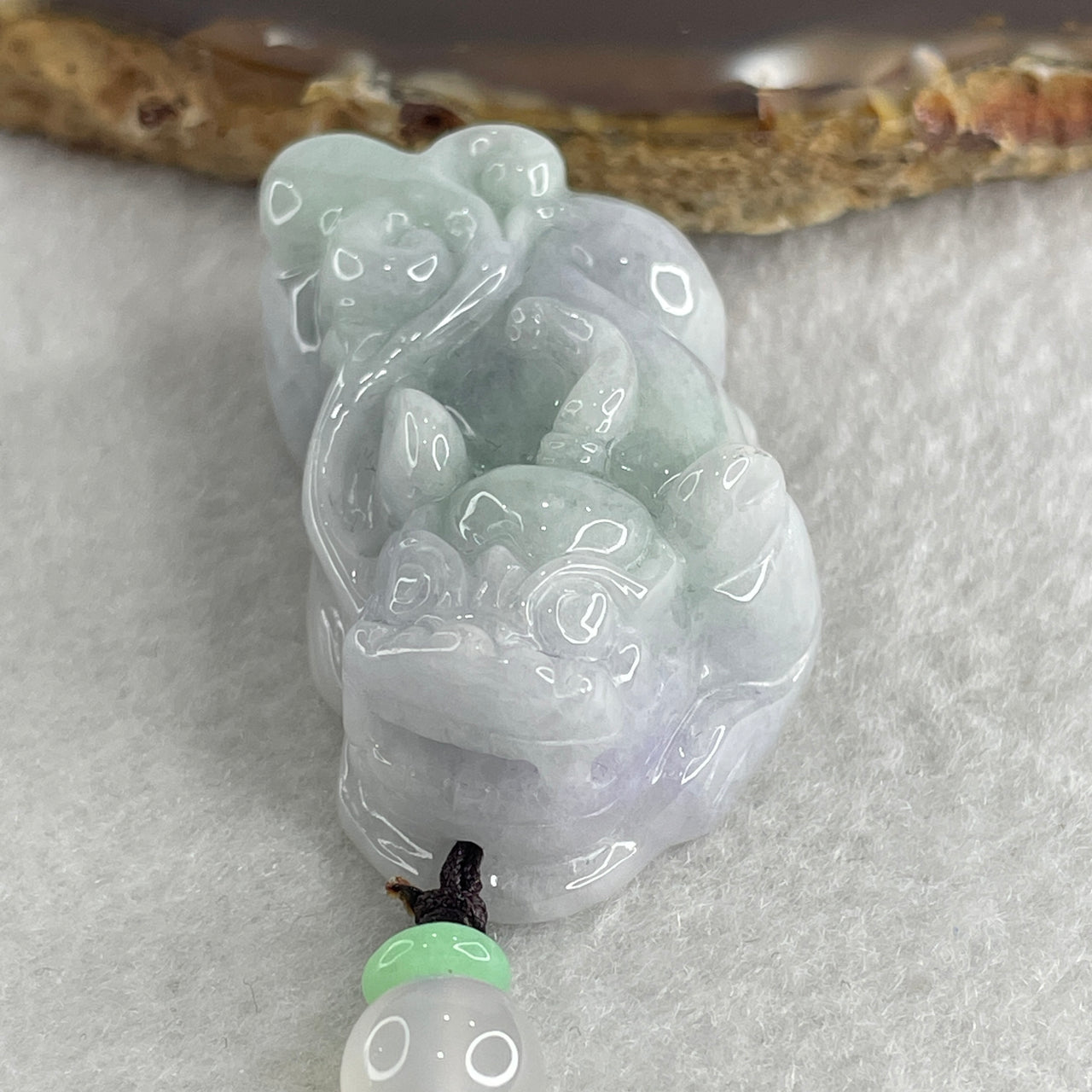 Natural Type A Light Lavender with Green Piao Hua Jadeite Pixiu Pendant 37.40g 42.3 by 25.0 by 16.0mm - Huangs Jadeite and Jewelry Pte Ltd