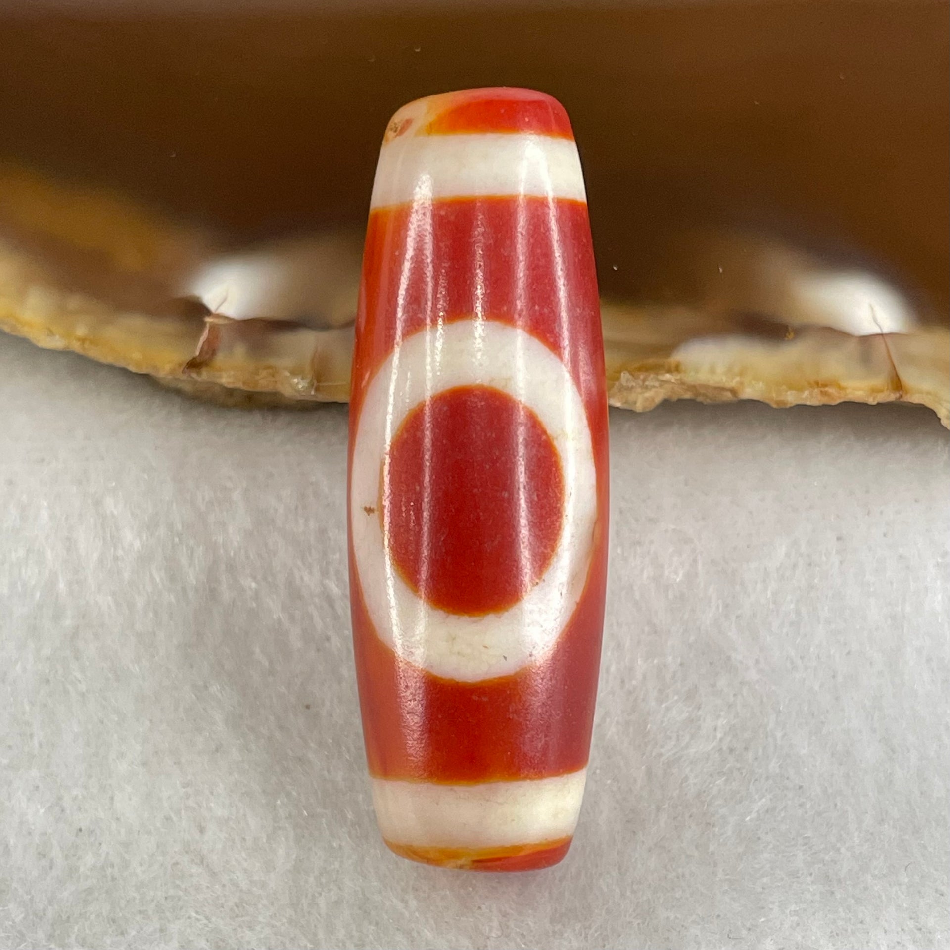 Natural Powerful Tibetan Old Oily Red White Agate One Eye Gold Metal Element Dzi Bead Heavenly Master (Tian Zhu) 一眼金天珠 9.71g 37.8 by 12.9mm - Huangs Jadeite and Jewelry Pte Ltd