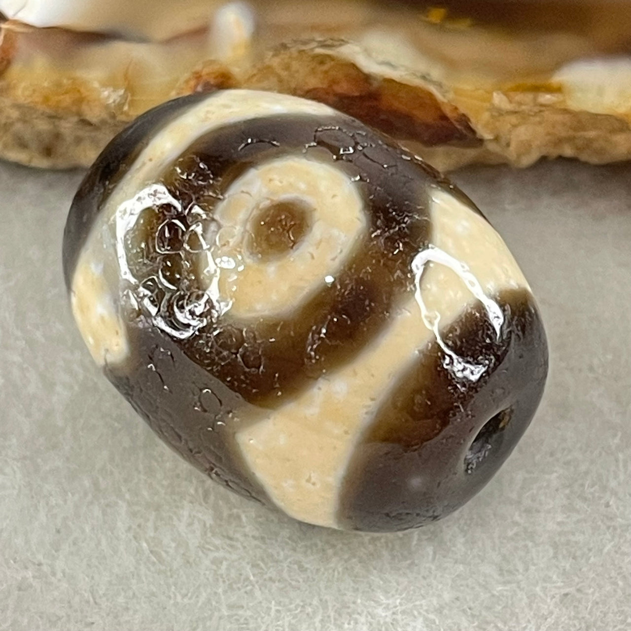 Natural Powerful Tibetan Old Oily Agate 3 Eyes Dzi Bead Heavenly Master (Tian Zhu) 三眼天诛 7.61g 20.1 by 16.1mm - Huangs Jadeite and Jewelry Pte Ltd