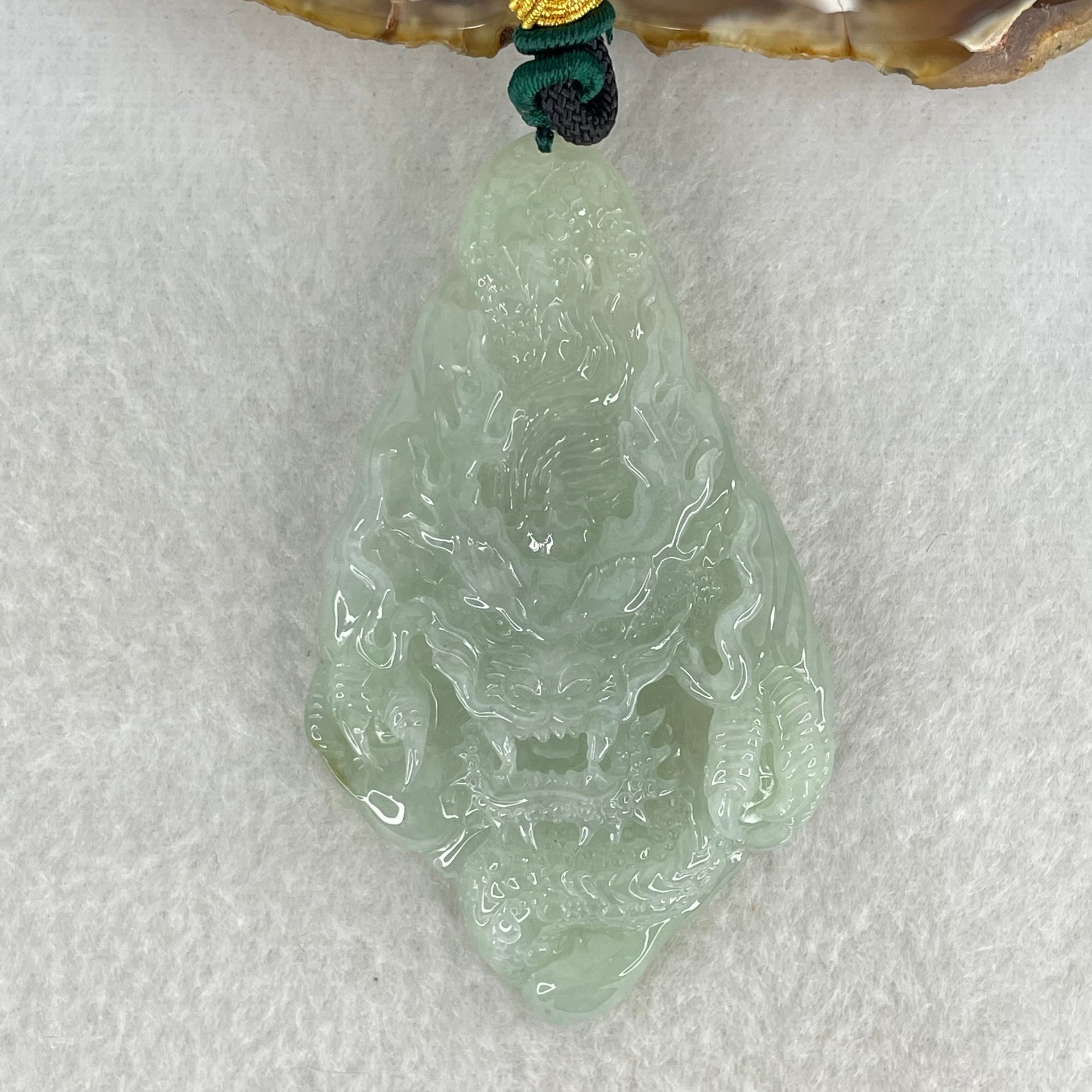 Type A Light Green with Yellow Patch Jadeite Double Sided Dragon Pendant 45.14g 72.2 by 42.7 by 11.4mm - Huangs Jadeite and Jewelry Pte Ltd
