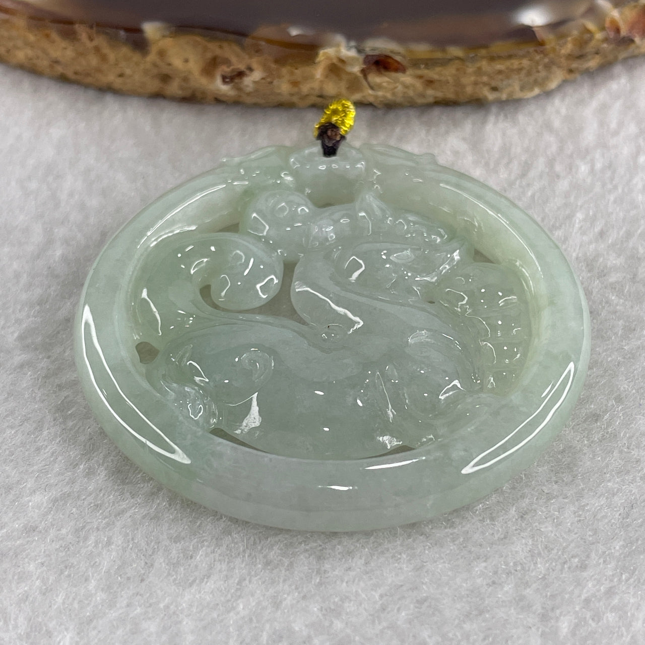 Natural Type A Jelly Green Jadeite Qlin with Double Dragon Head Pendant 25.65g 49.5 by 6.4mm - Huangs Jadeite and Jewelry Pte Ltd