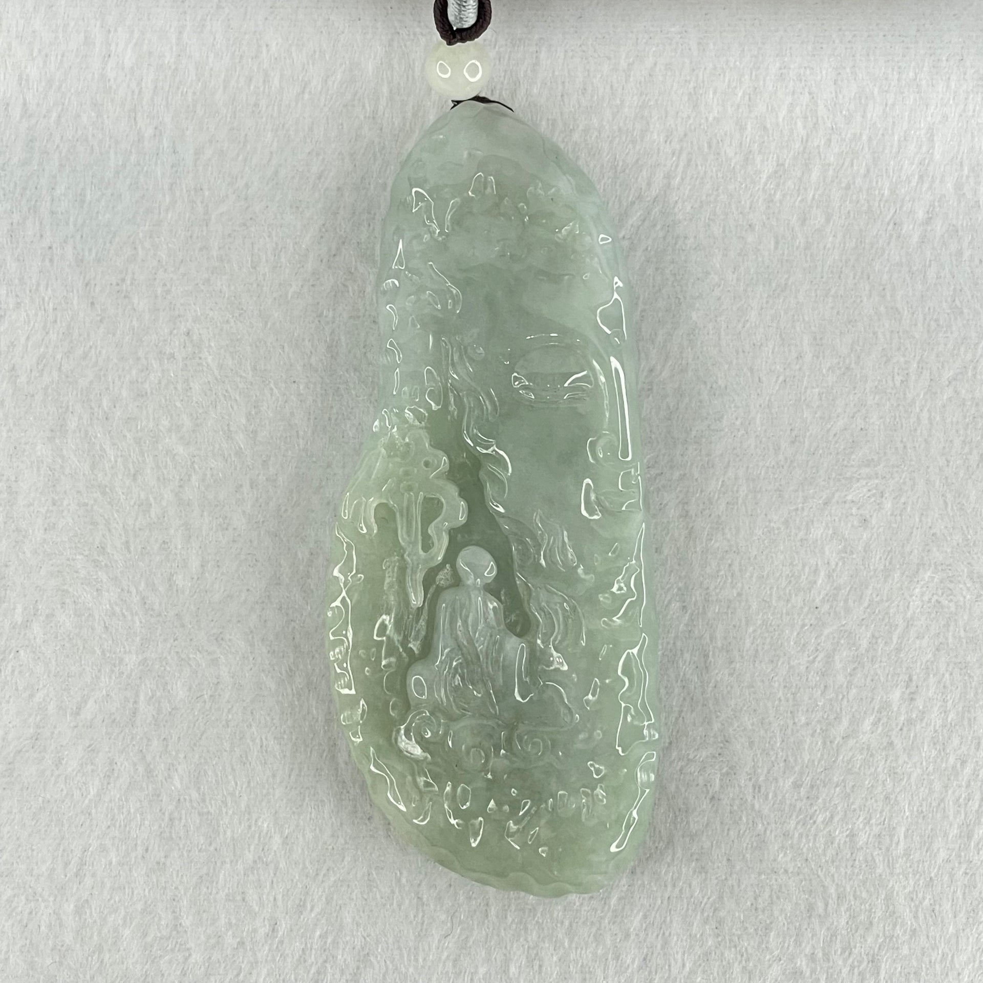 Type A Light Blueish Green Jadeite Seeking Enlightenment with Buddha Pendant 68.18g 78.6 by 32.5 by 12.5mm - Huangs Jadeite and Jewelry Pte Ltd