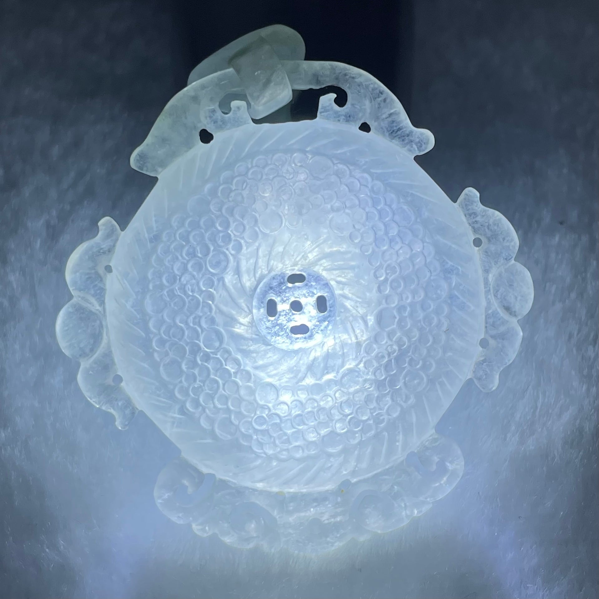 Type A Semi Icy White Jadeite Floral Ping An Kou Donut Pendant 16.76g 45.4 by 43.3 by 5.6mm - Huangs Jadeite and Jewelry Pte Ltd