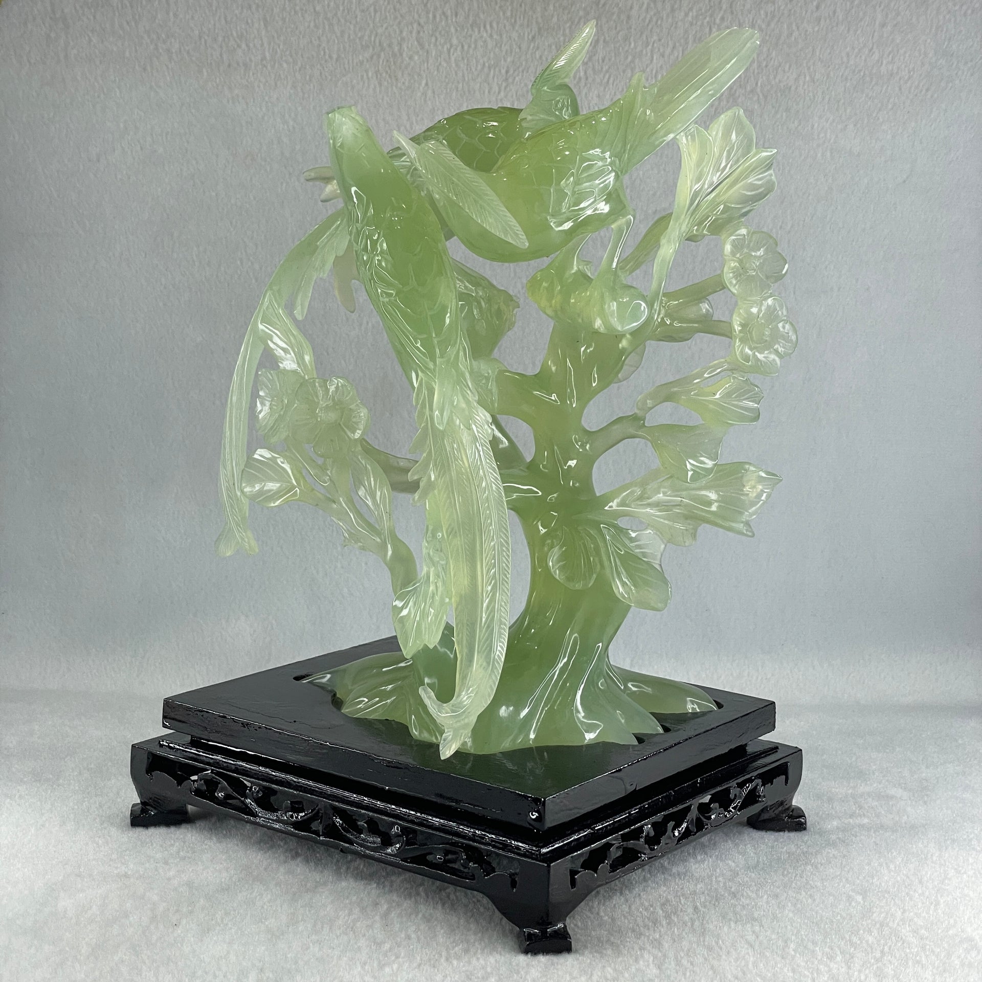 Natural Green Serpentine 3 Phoenix on Tree with Wooden Stand Display 1,022.5g 175.0 by 150.0 by 245.0mm - Huangs Jadeite and Jewelry Pte Ltd