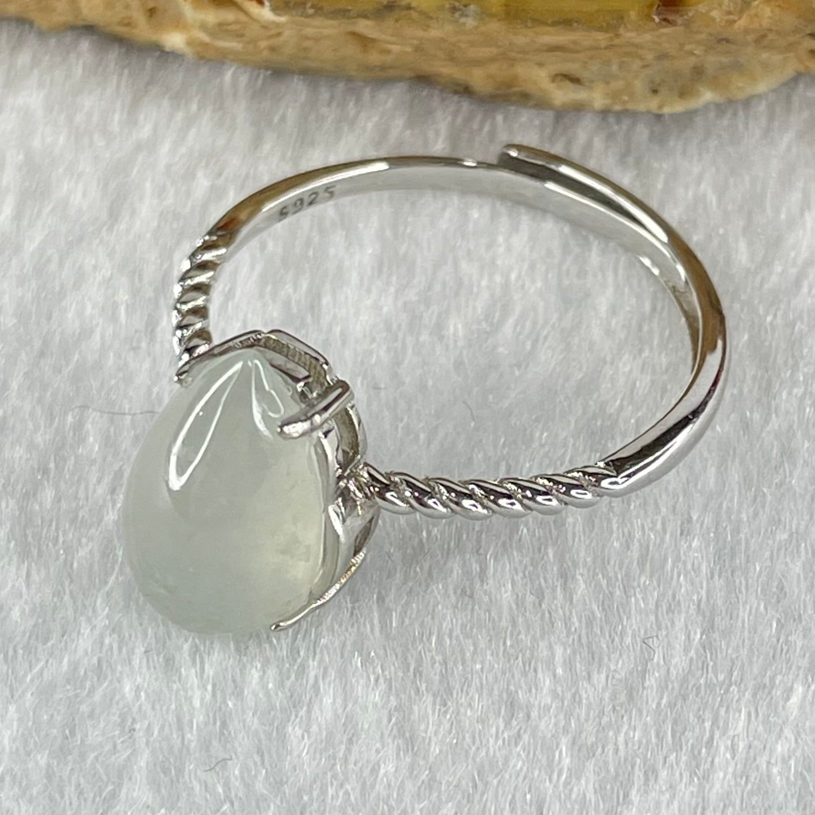 Type A Semi Icy Faint Lavender Tear Drop Shape Cabochon Jadeite in S925 Sliver Ring (Adjustable Size) 2.21g 12.4 by 7.4 by 5.0mm - Huangs Jadeite and Jewelry Pte Ltd