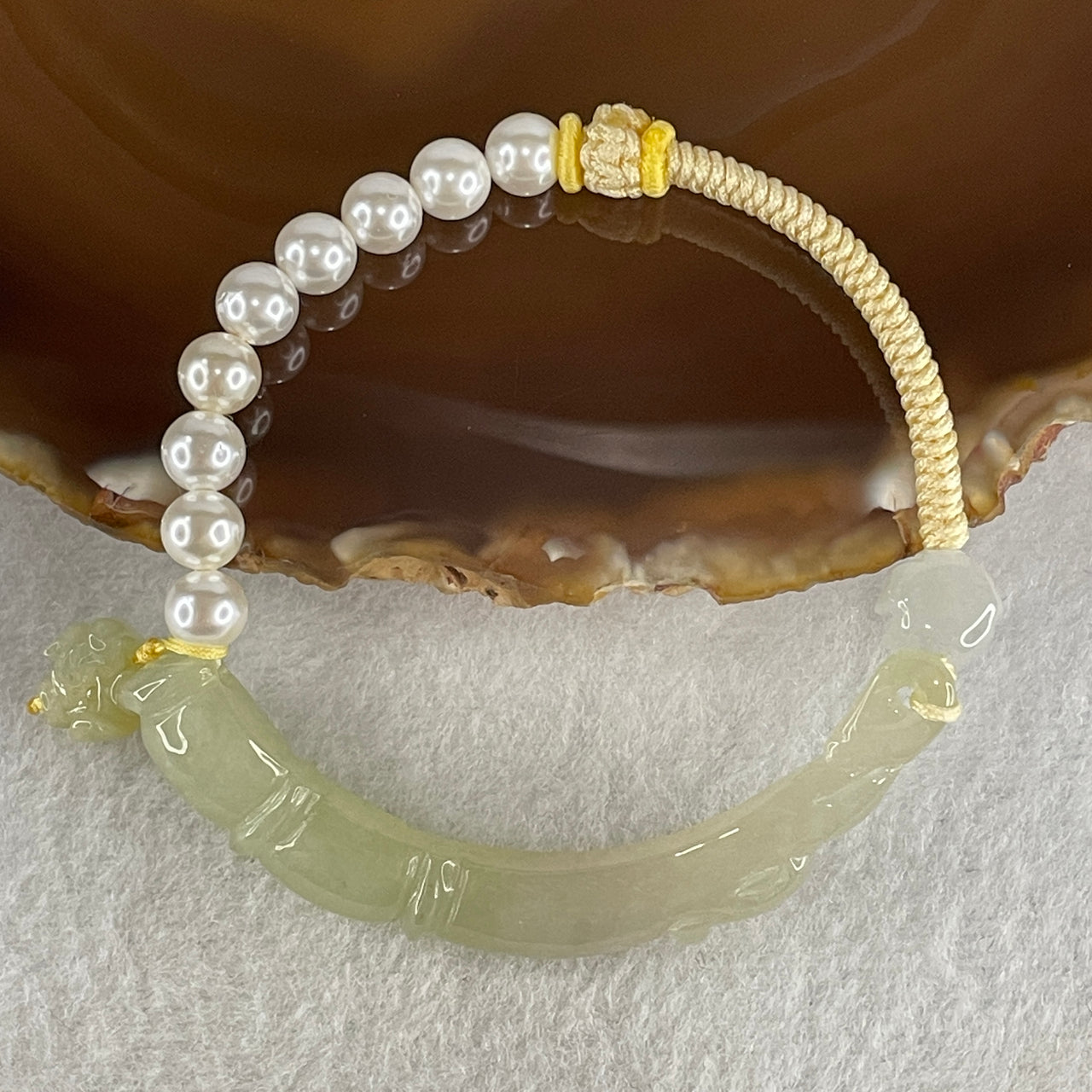 Natural Type A Semi Icy Light Green with Yellowish Jadeite Bamboo with Lotus Charm Bracelet 14.64g 15.5cm 6.18 by 7.5 by 8.2mm - Huangs Jadeite and Jewelry Pte Ltd