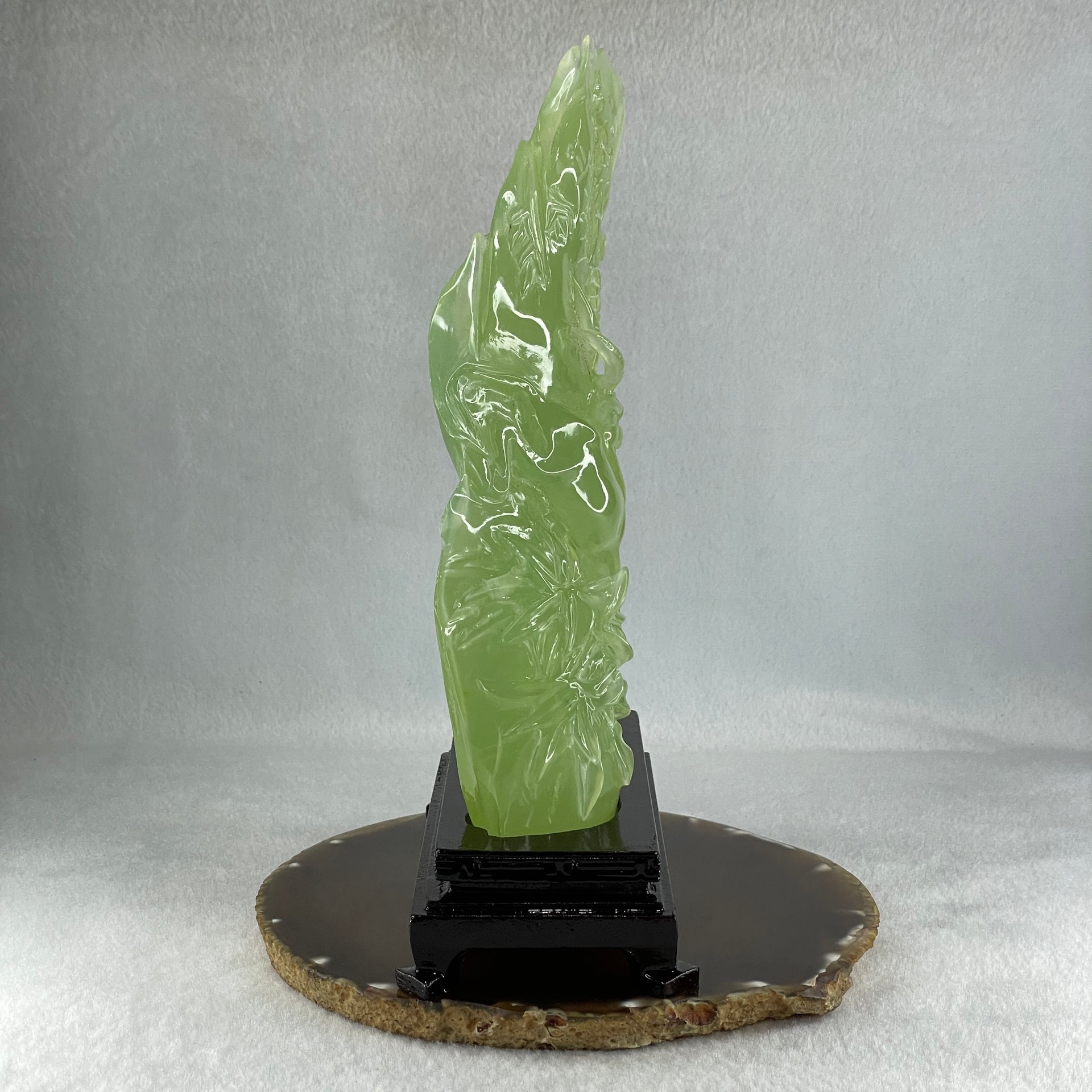 Natural Green Serpentine Goat on Moutain with Wooden Stand Display 828.2g 134.4 by 66.1 by 210.0mm - Huangs Jadeite and Jewelry Pte Ltd