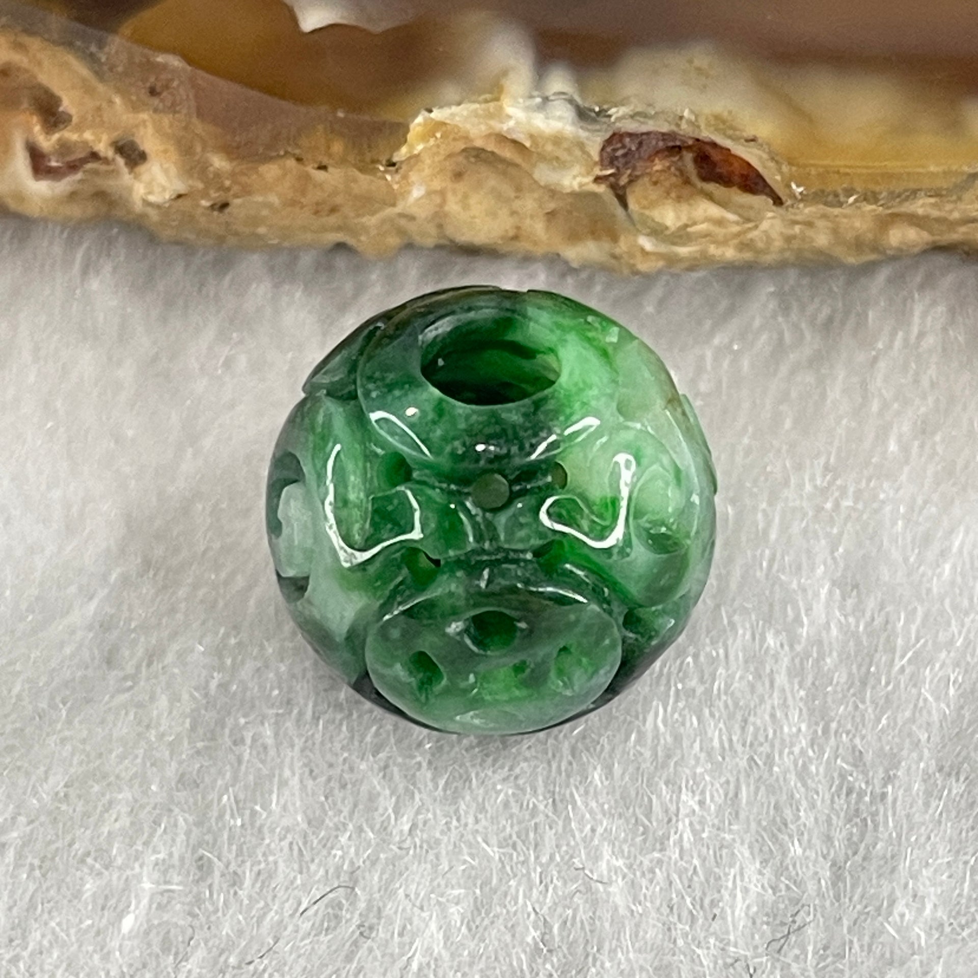 Natural Type A Lao Keng Old Mine Green Jadeite Flora Carving Bead Charm 1.32g 11.0mm - Huangs Jadeite and Jewelry Pte Ltd