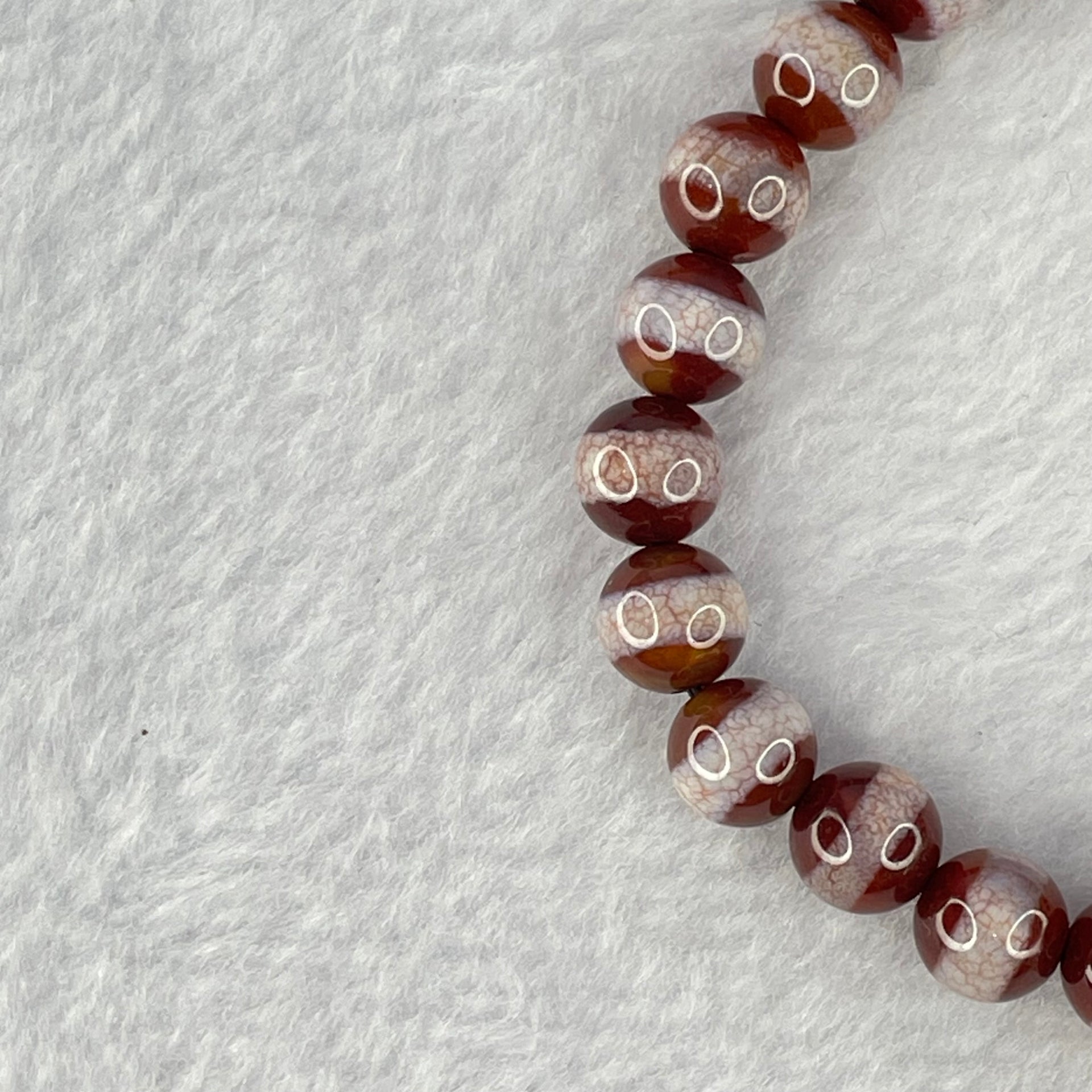 Natural Powerful Tibetan Old Oily Red White One Line Agate Dzi Bead Heavenly Master with Tibetan Bell Charm Bracelet (Tian Zhu) 天诛 19.36g 16.5cm 8.4mm 23 Beads - Huangs Jadeite and Jewelry Pte Ltd